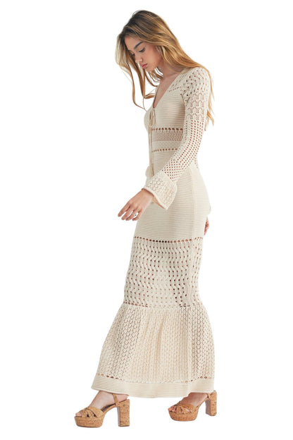 BELL SLEEVE KNIT CROCHET MAXI DRESS