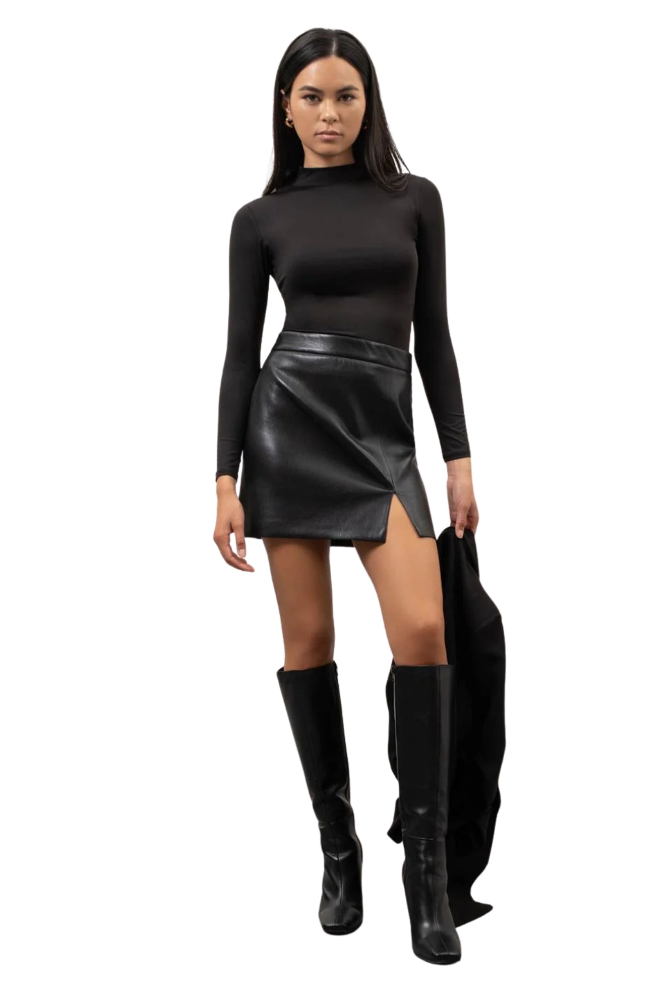 MOCK NECK LONG SLEEVE KNIT TOP - BLACK