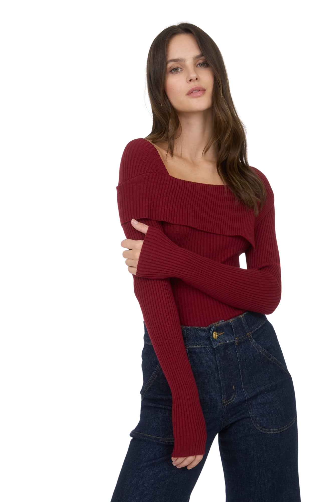 ASYMMETRICAL FOLD OVER SWEATER - RED