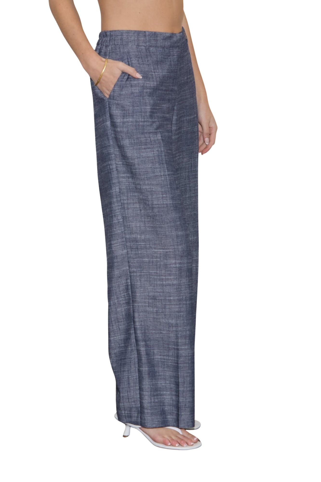 V-NECK VEST & STRAIGHT LEG PANTS LINEN SET - DENIM