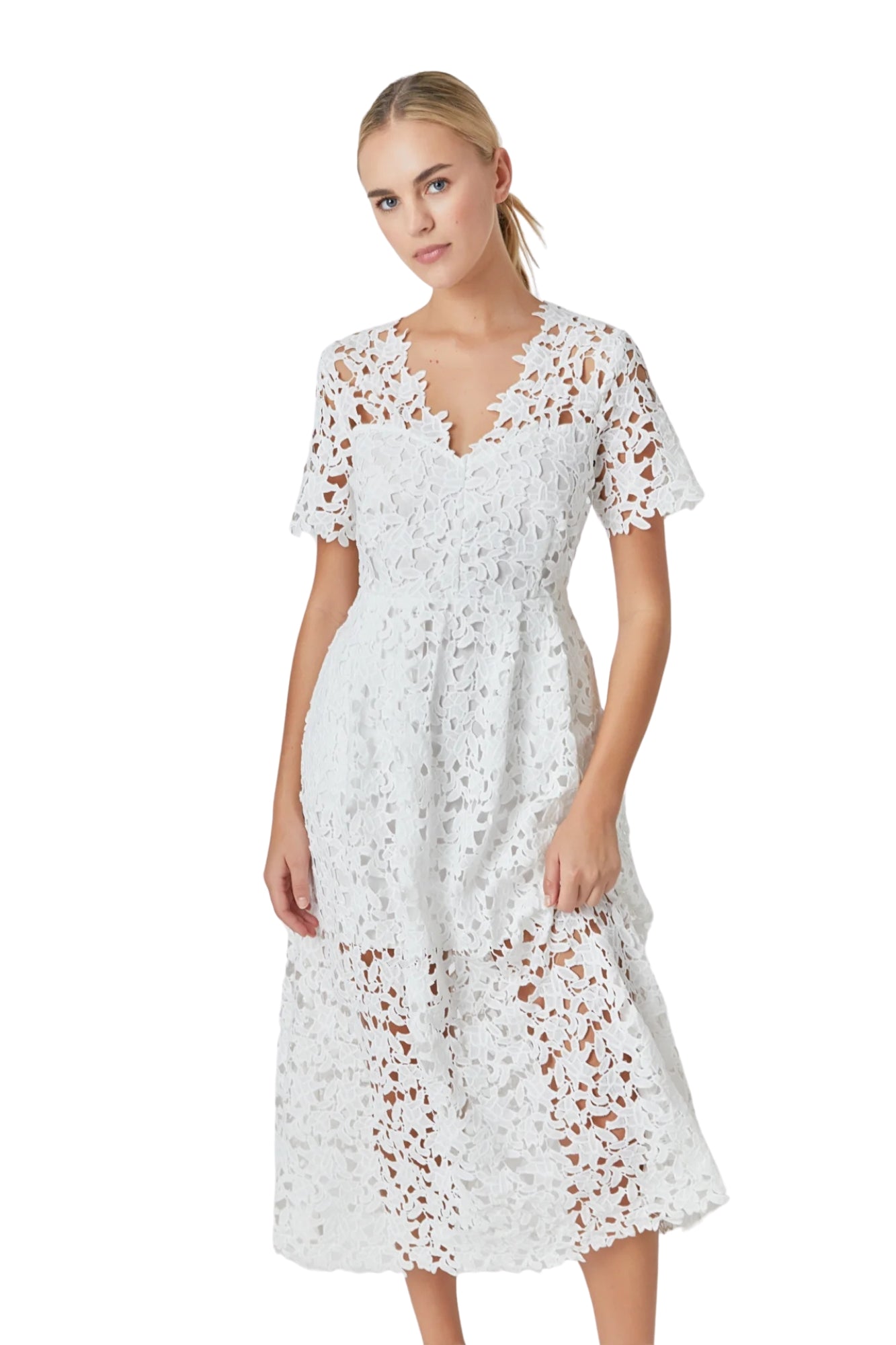 ALL OVER LACE SHORT SLEEVES MIDI DRESS