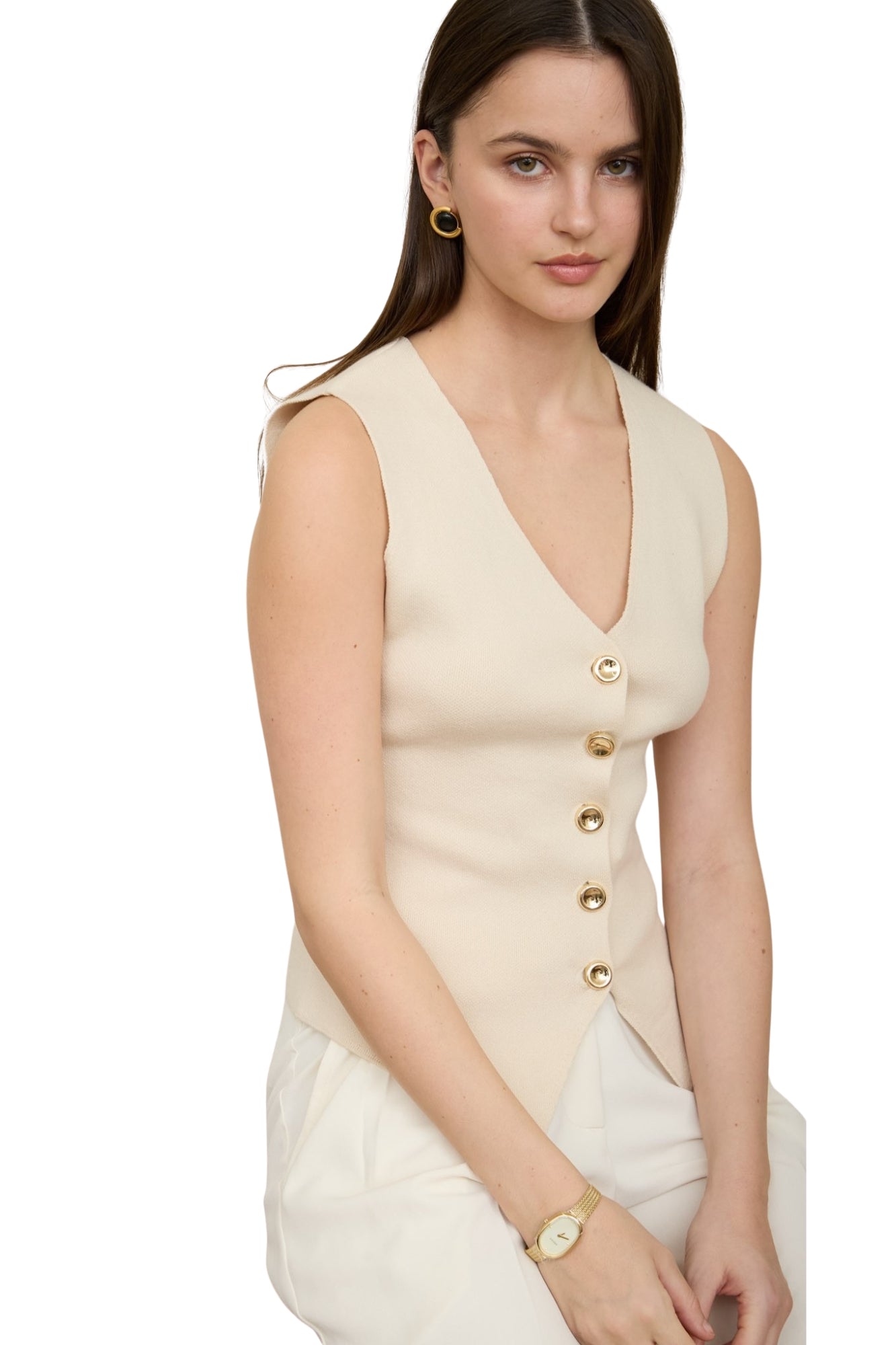 SEAMLESS GOLD BUTTON DOWN KNIT CARDIGAN VEST - CREAM