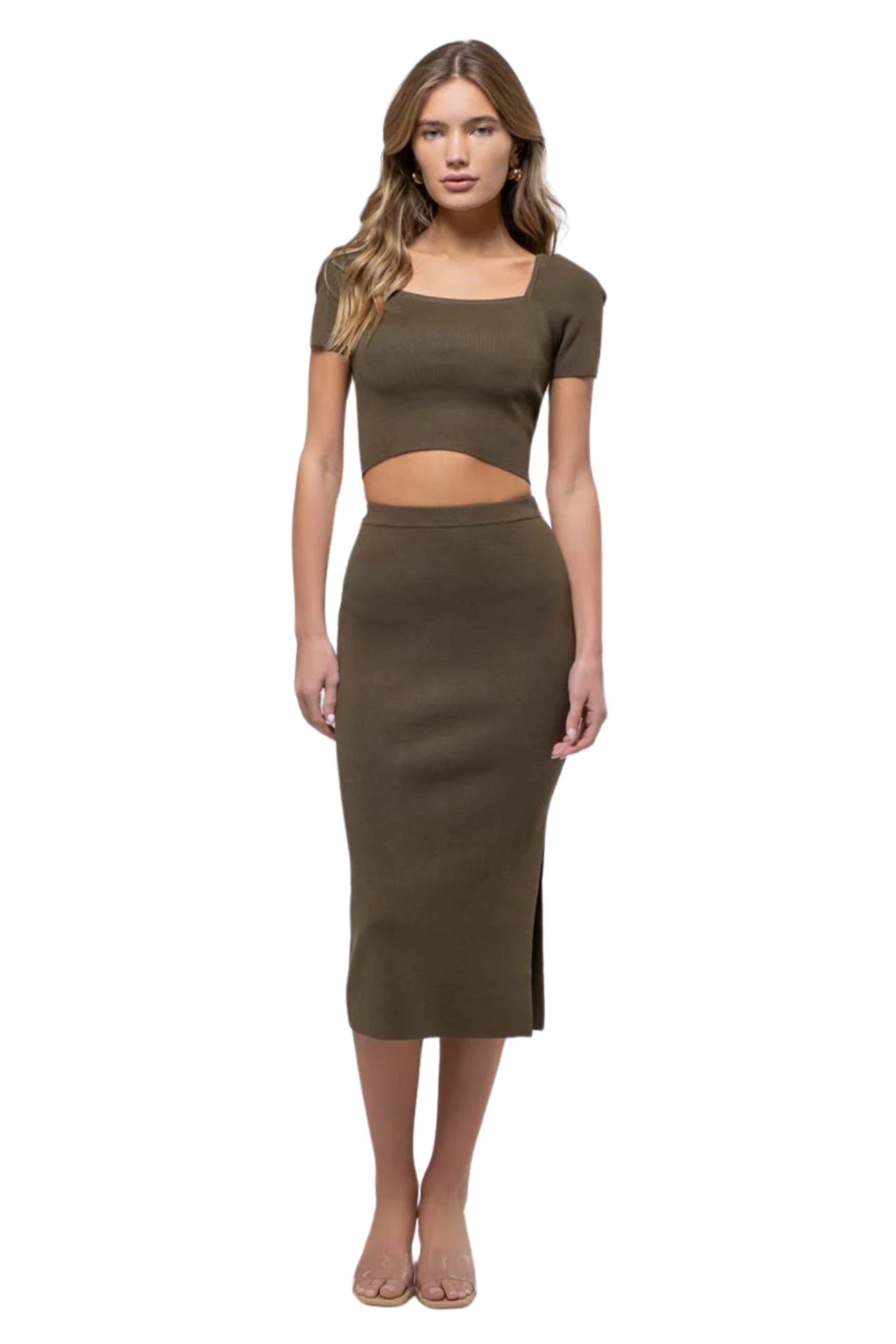 SQUARE NECK TOP & HIGH WAIST MIDI SKIRT SET - OLIVE