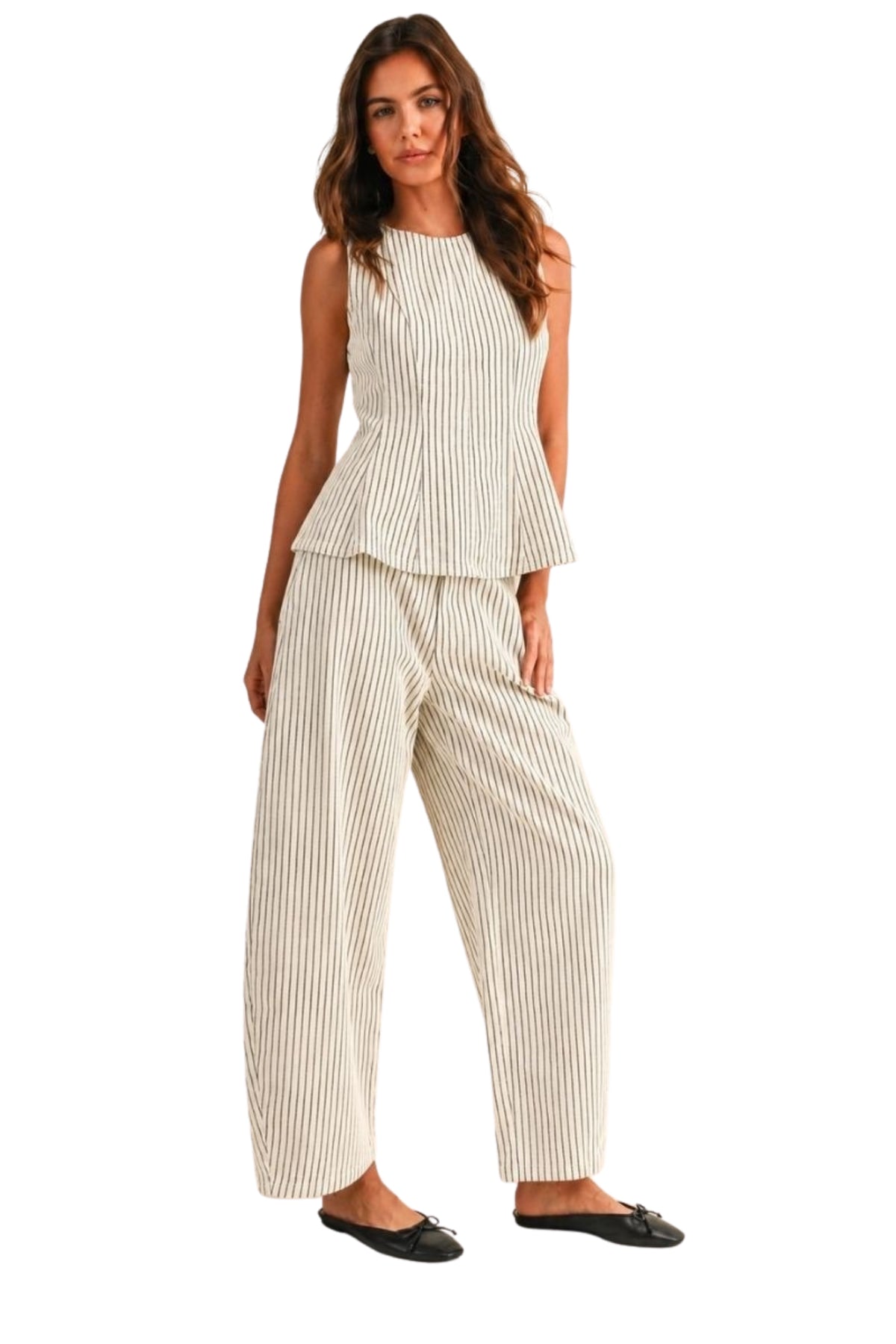STRIPE SLEEVELESS PEPLUM TOP AND BARREL PANTS
