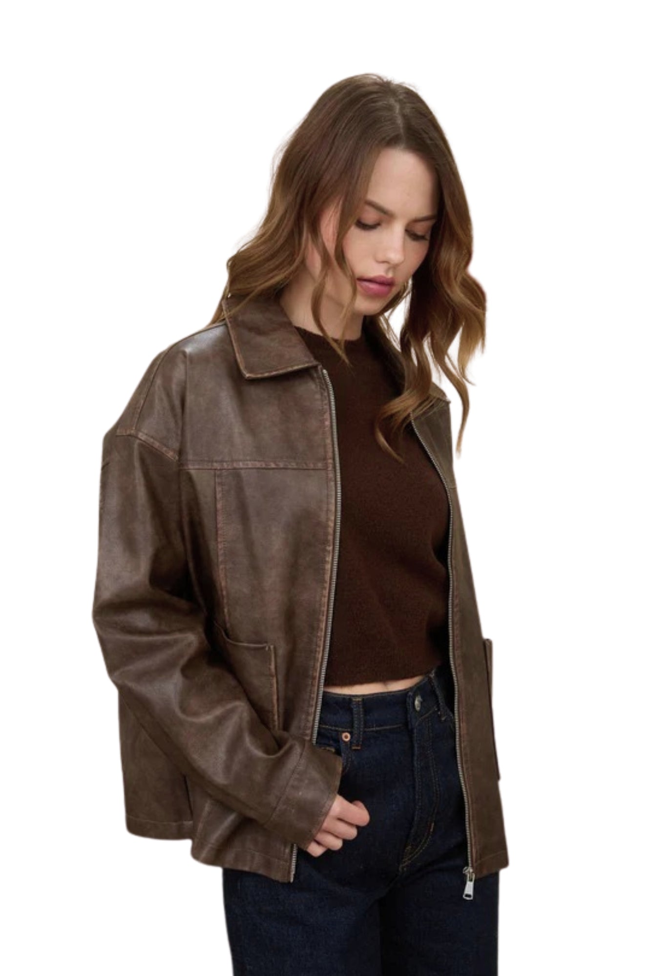 WASHED FAUX LEATHER OVERSIZE JACKET