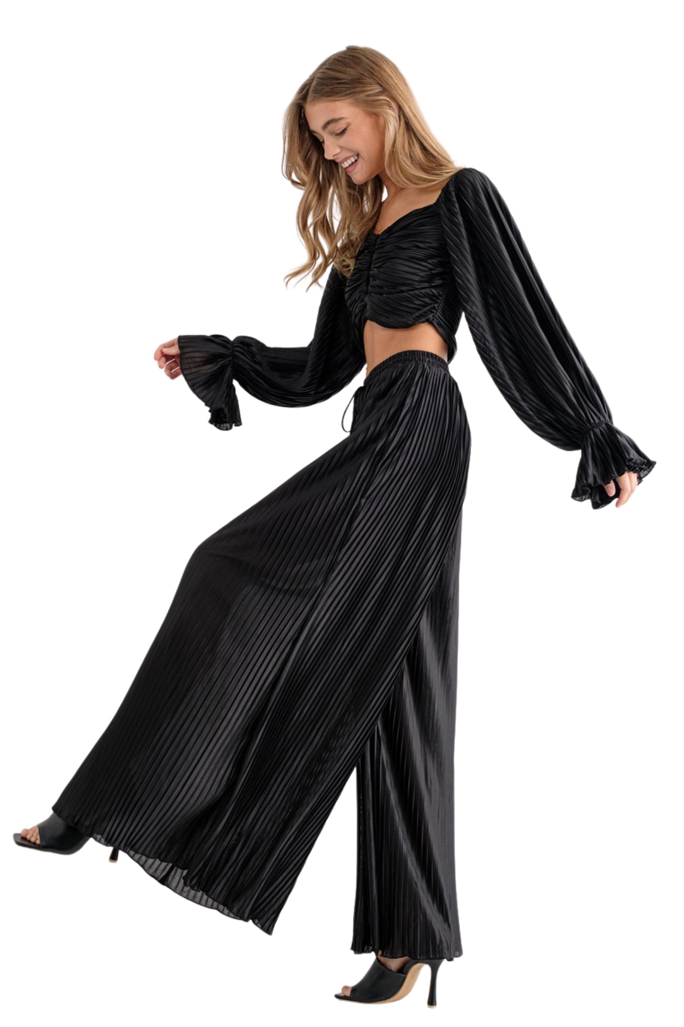 PLEATED BLOUSE WITH PANT SET - BLACK