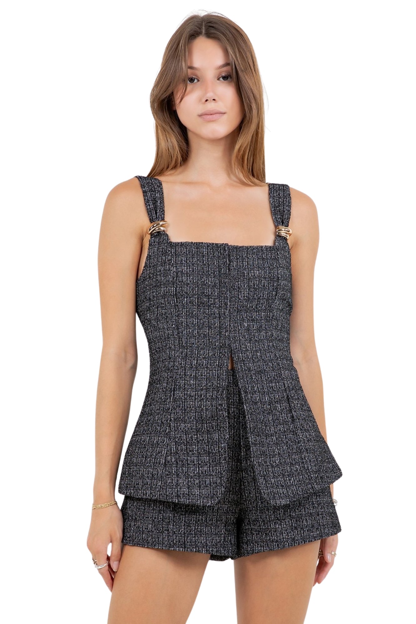 METAL TRIM CORSET TWEED TOP & SHORTS SET - BLACK