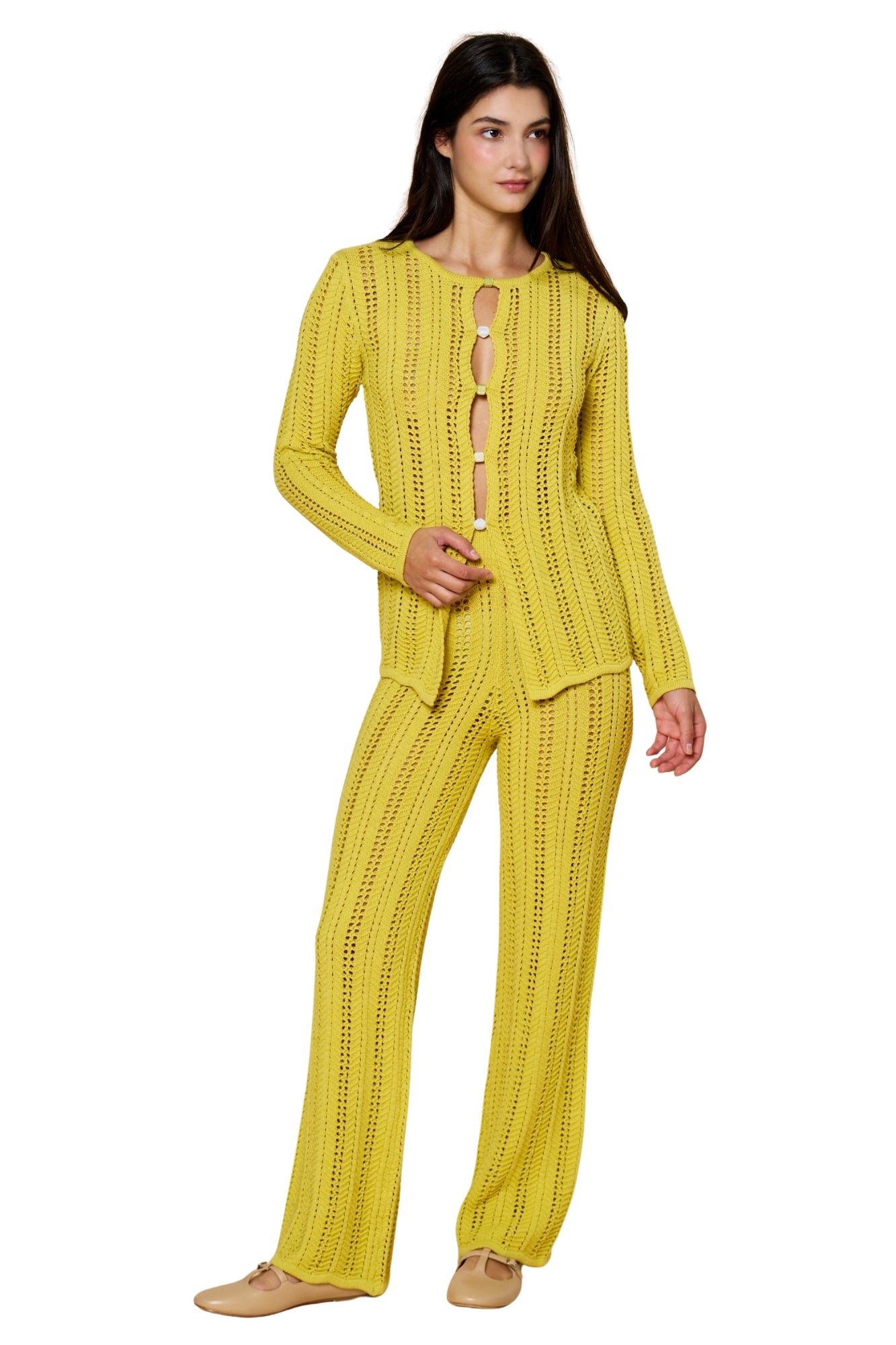 OPEN KNIT LONG SLEEVE TOP & PANTS SET