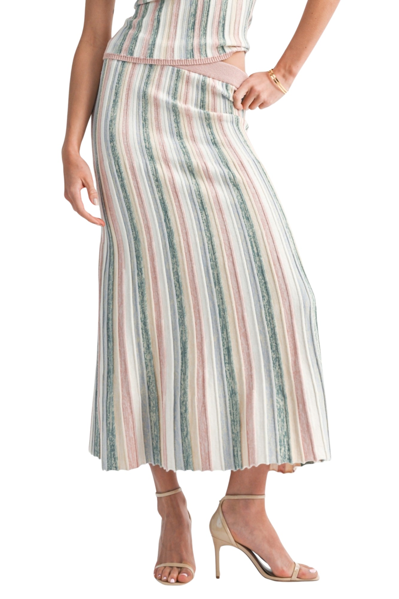 PASTEL STRIPE RIBBED KNIT TOP & MAXI SKIRT SET