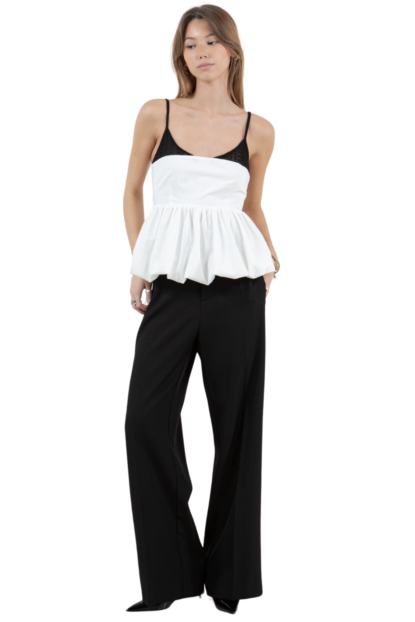 CROCHET WOVEN MIX PEPLUM TANK TOP