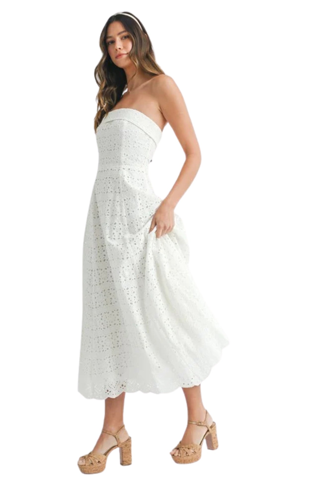 EYELET TUBE FIT AND FLARE MIDI DRESS