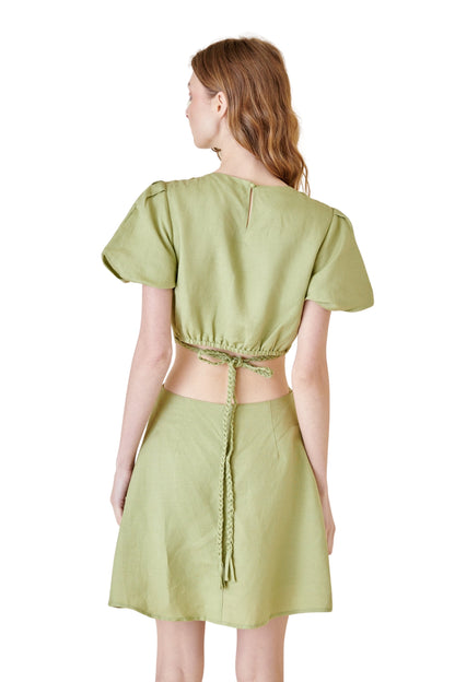 PUFF SLEEEVE CUTOUT MIDRIFF BRAIDED MINI DRESS