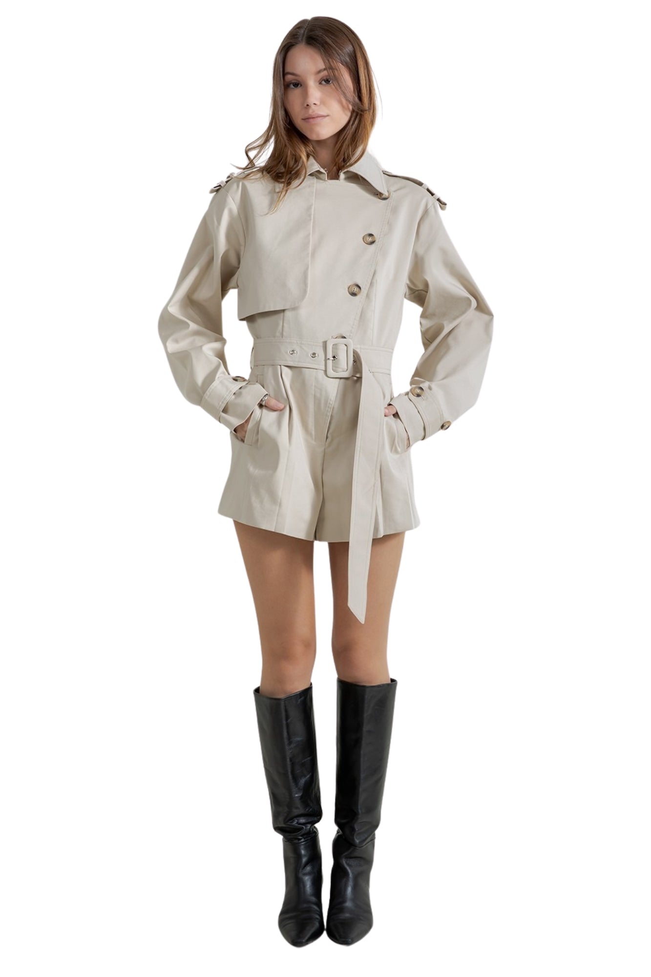 TRENCH STYLE STRUCTURED WOVEN ROMPER WITH BELT