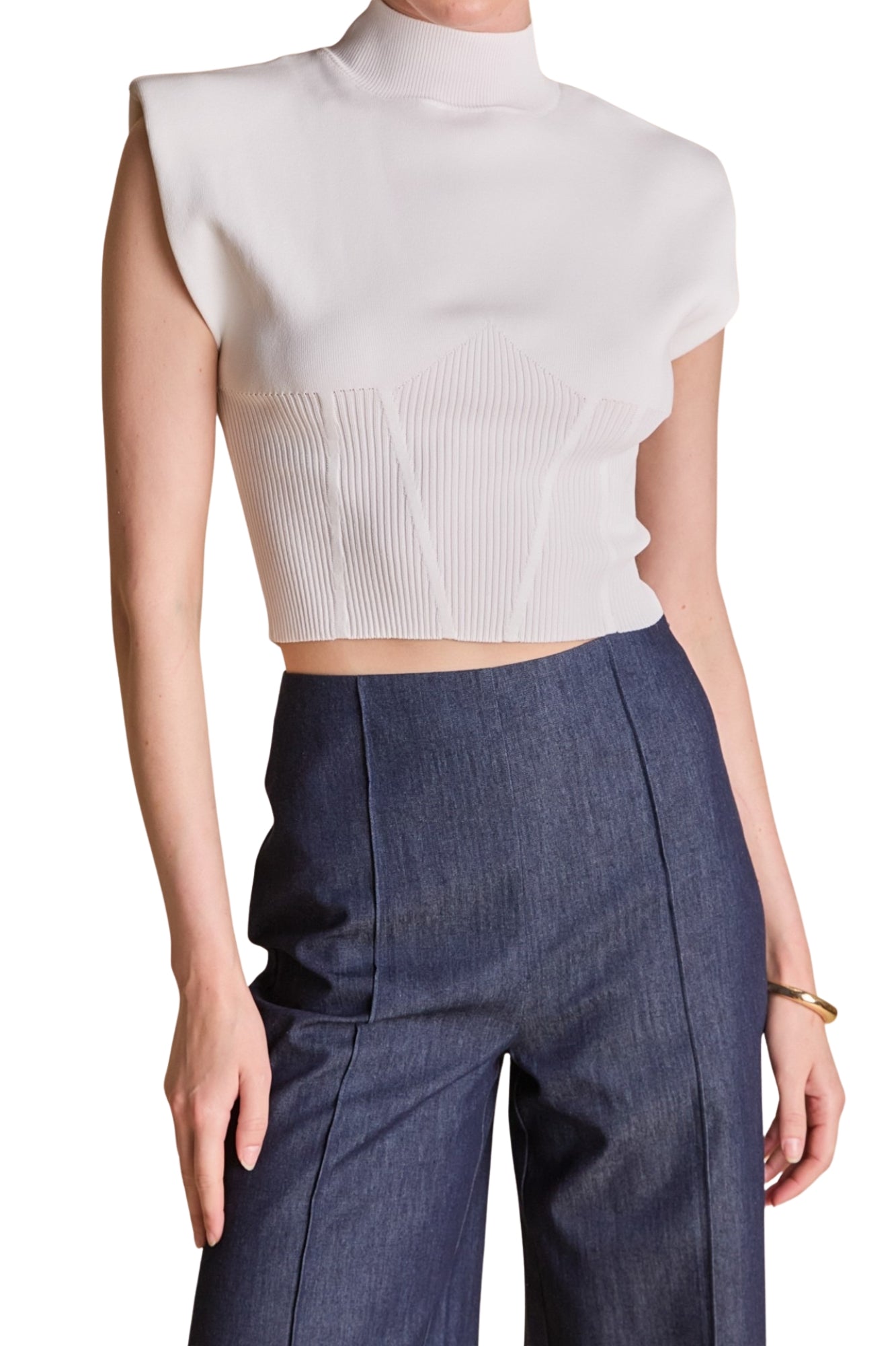 MOCK NECK PADDED KNIT TOP