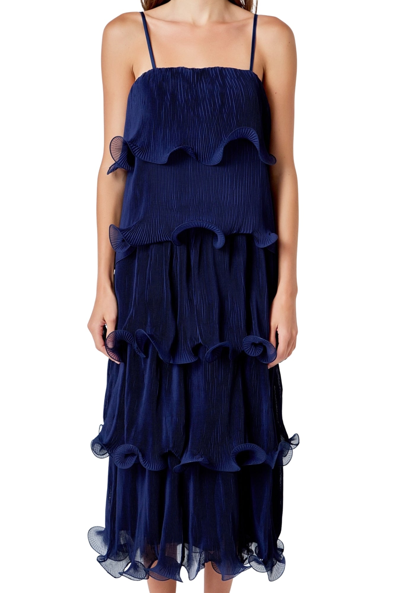 PLEATED TIERED MIDI DRESS