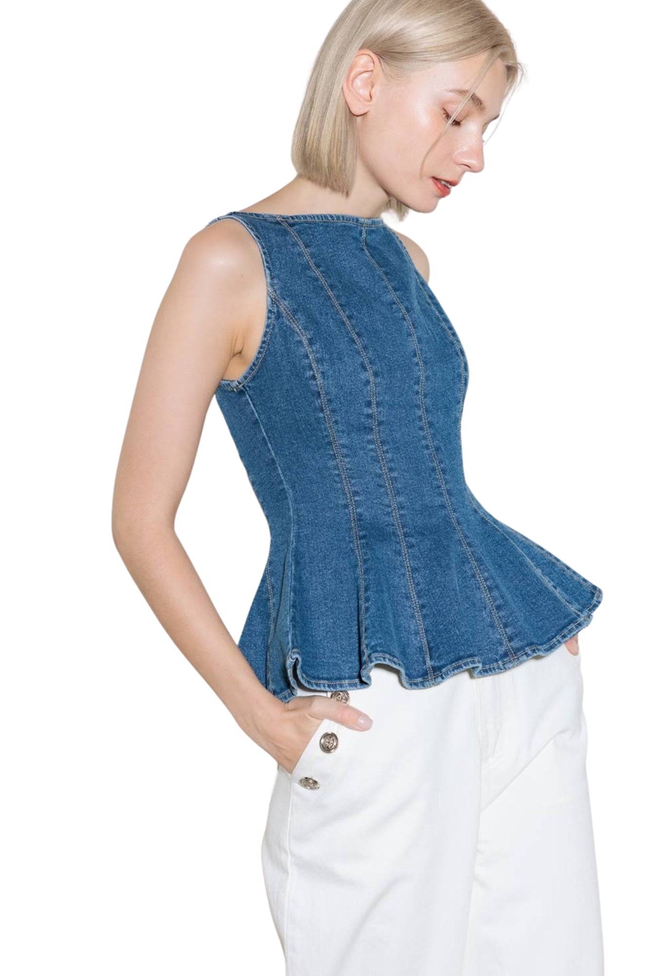 WASHED DENIM PEPLUM TOP