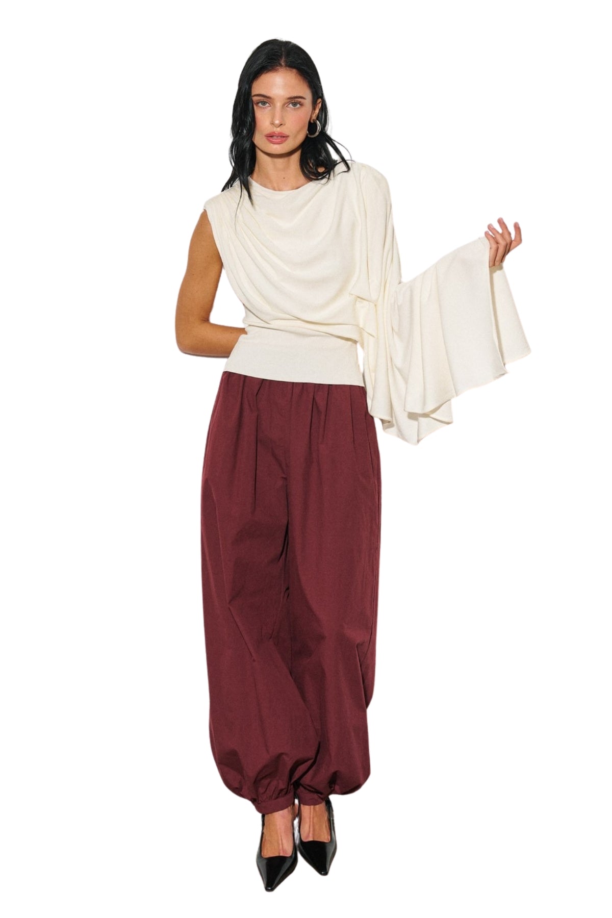 WOVEN DRAPED BALLOON HAREM PANTS - BURGUNDY