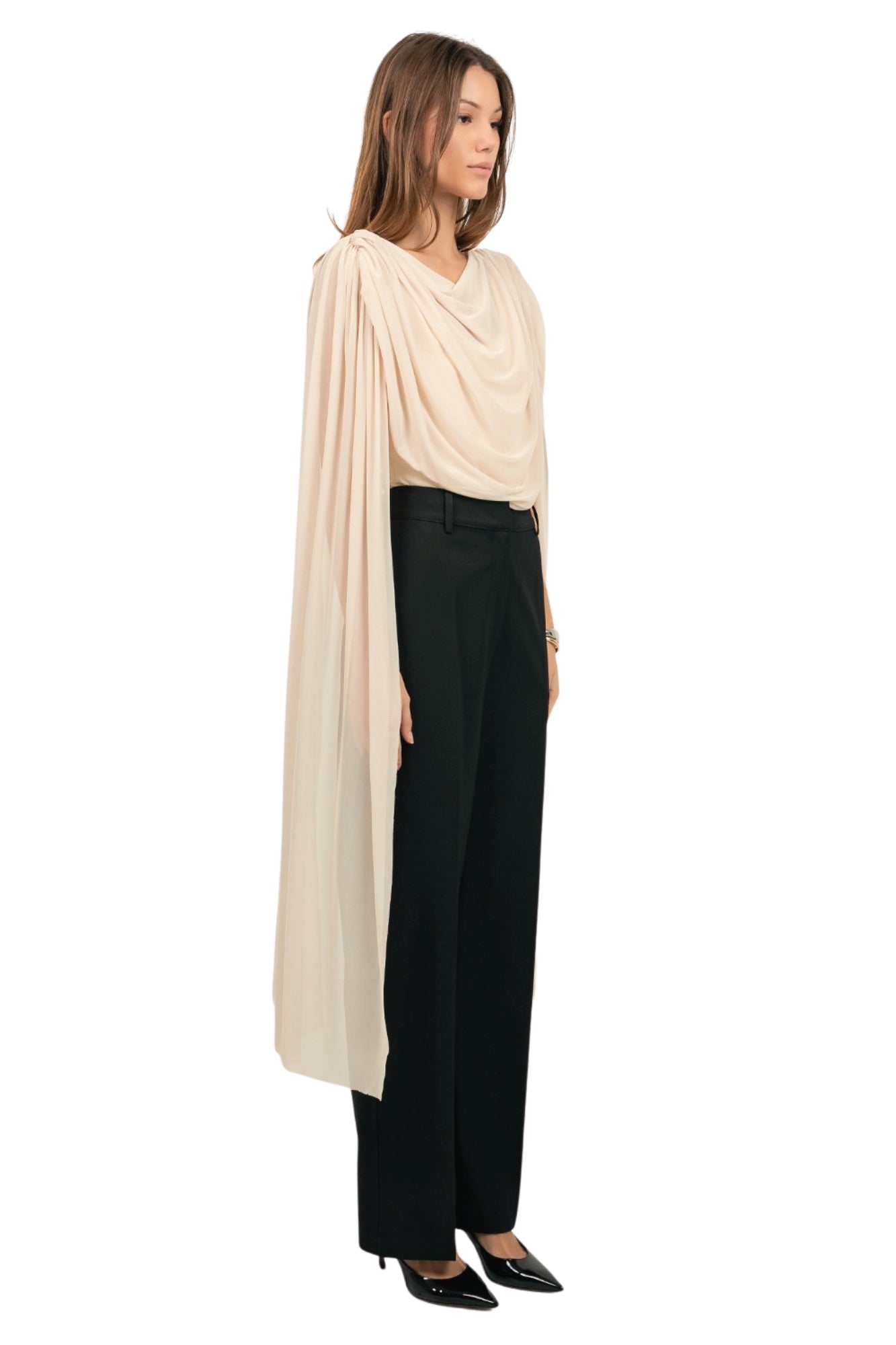 KNITTED BODYSUIT WITH CONTRAST MESH DRAPE CAPE
