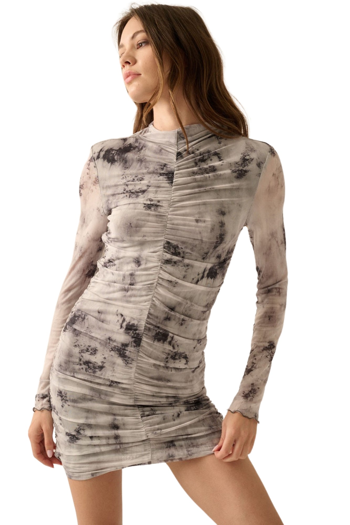 ABSTRACT-PRINT RUCHED MINI DRESS