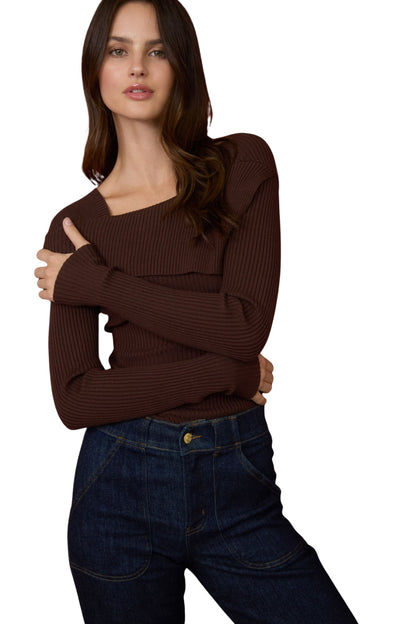 ASYMMETRICAL FOLD OVER SWEATER - BROWN