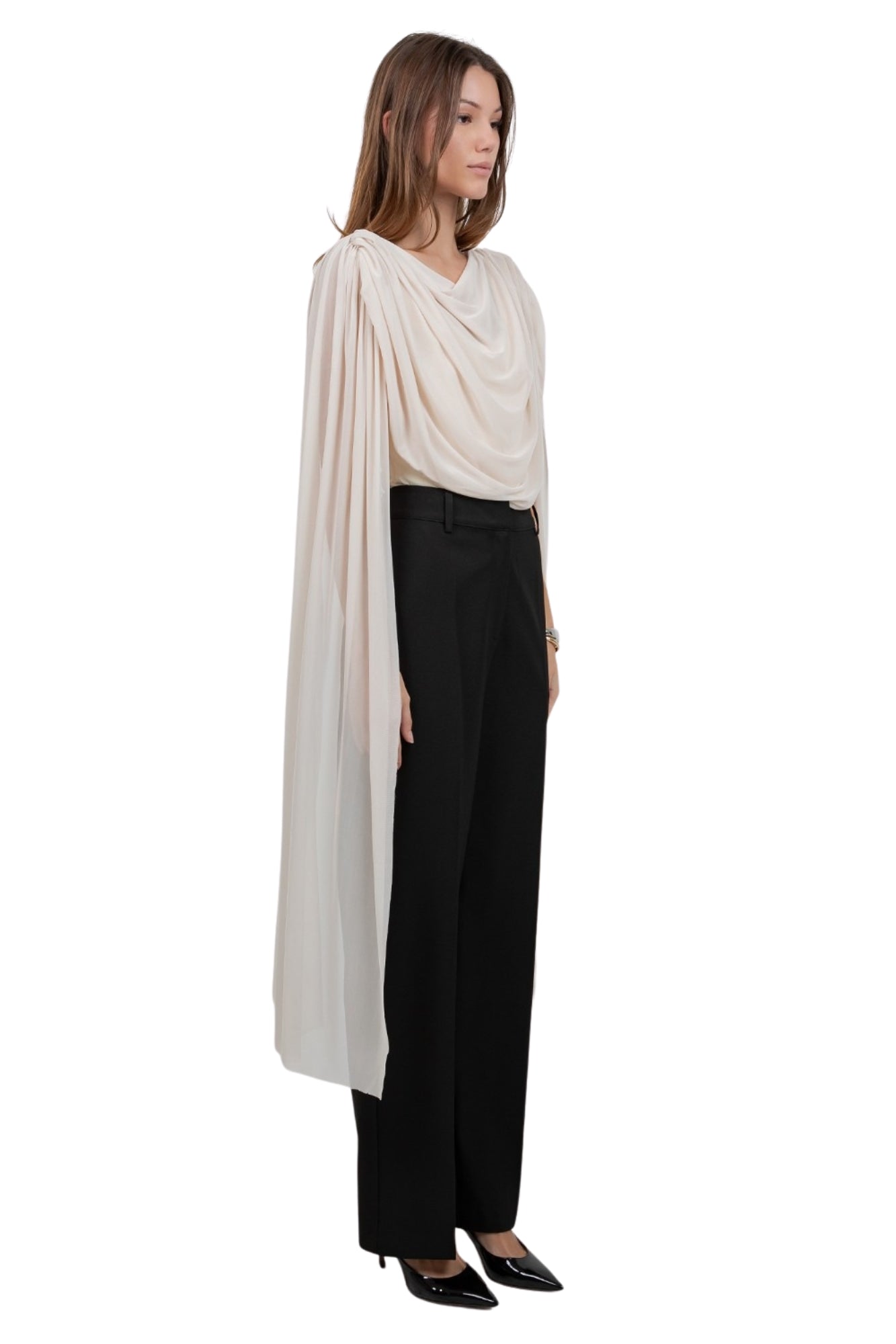 KNITTED BODYSUIT WITH CONTRAST MESH DRAPE CAPE