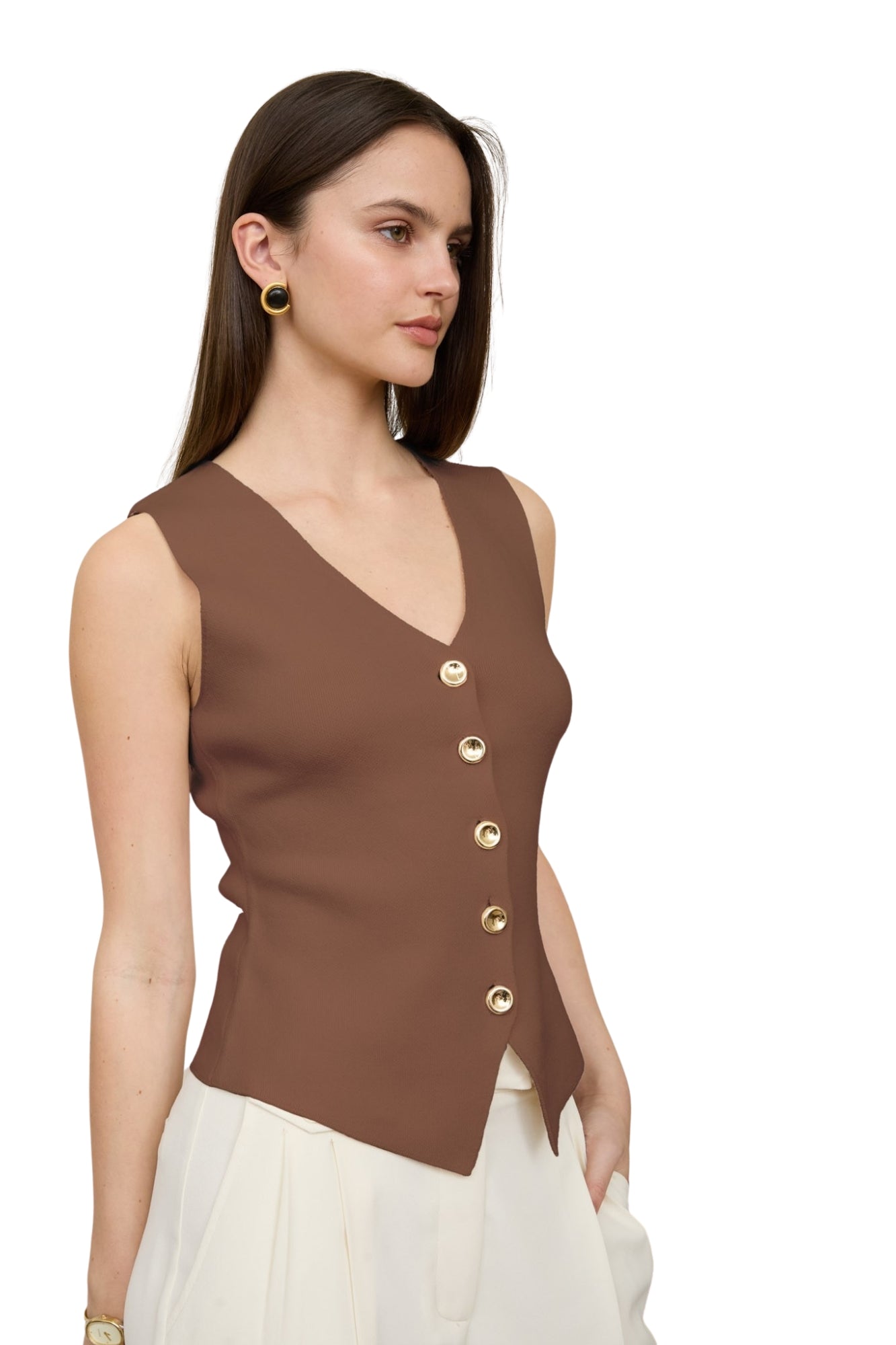 SEAMLESS GOLD BUTTON DOWN KNIT CARDIGAN VEST - BROWN