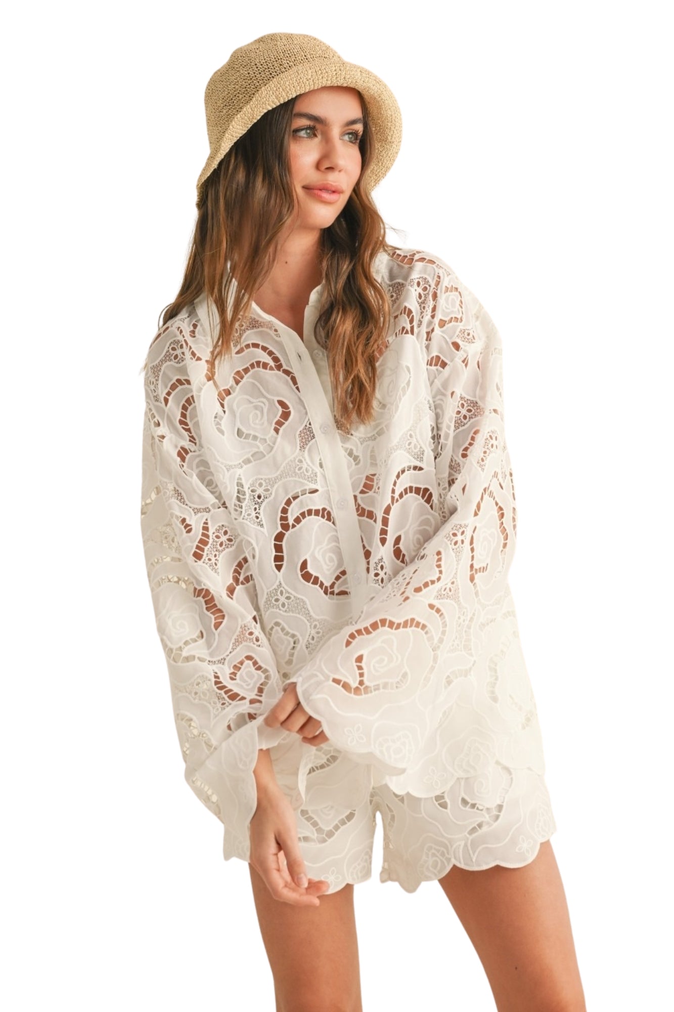 FLORAL EYELET PATTERN SHIRT & SHORTS SET