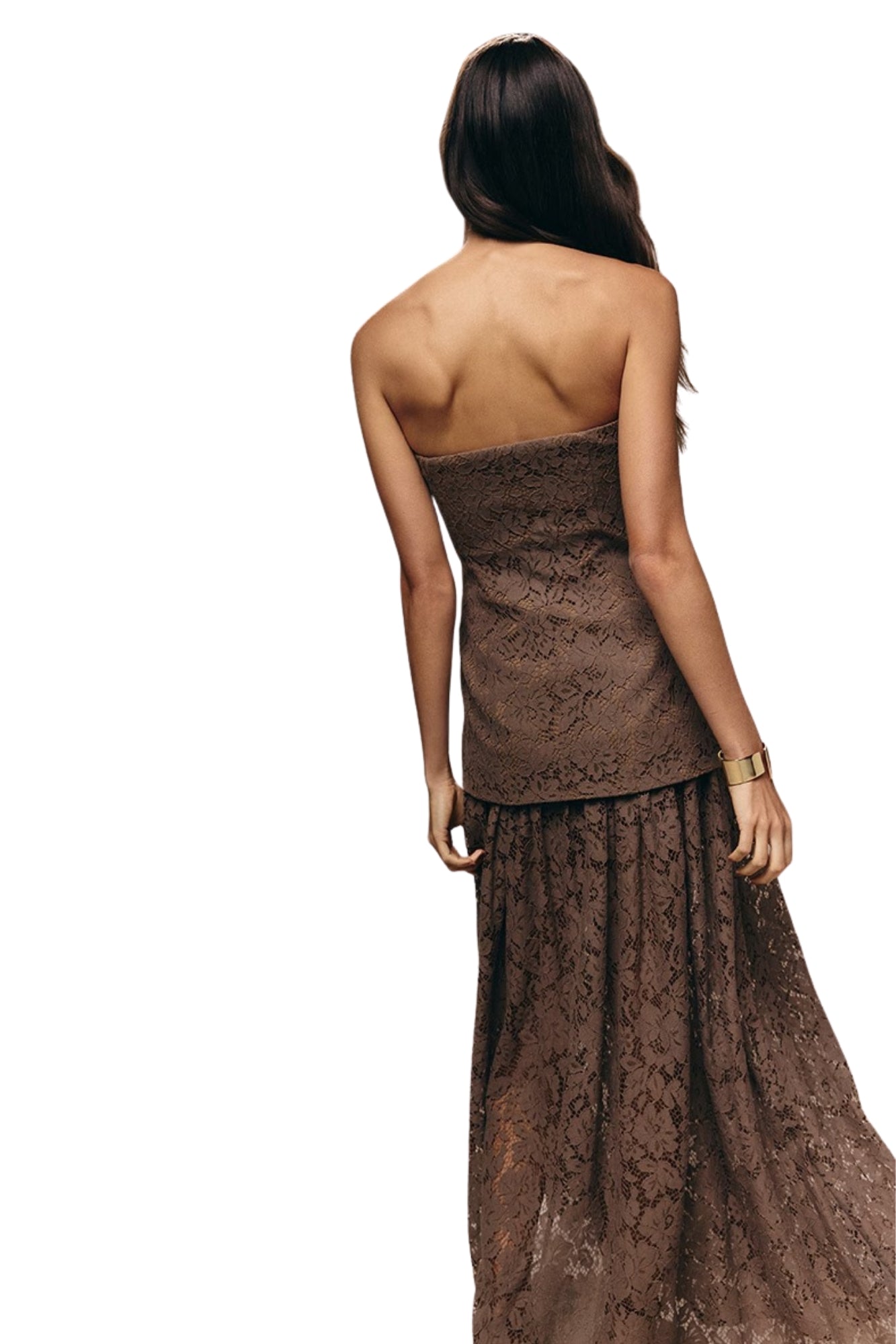 LACE SHEER STRAPLESS MAXI DRESS - BROWN