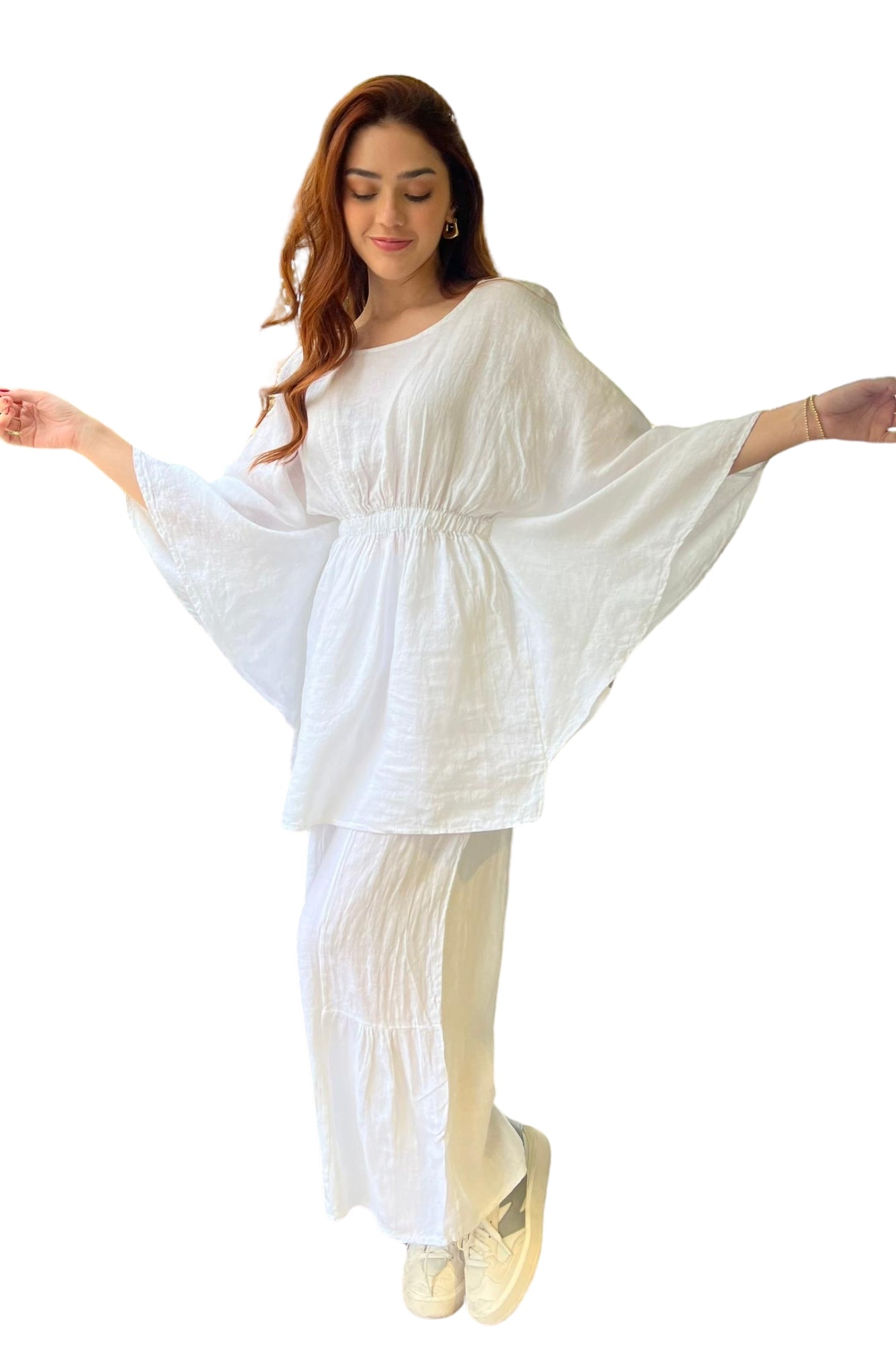 BATWING SHIRT & PANTS LINEN SET - WHITE