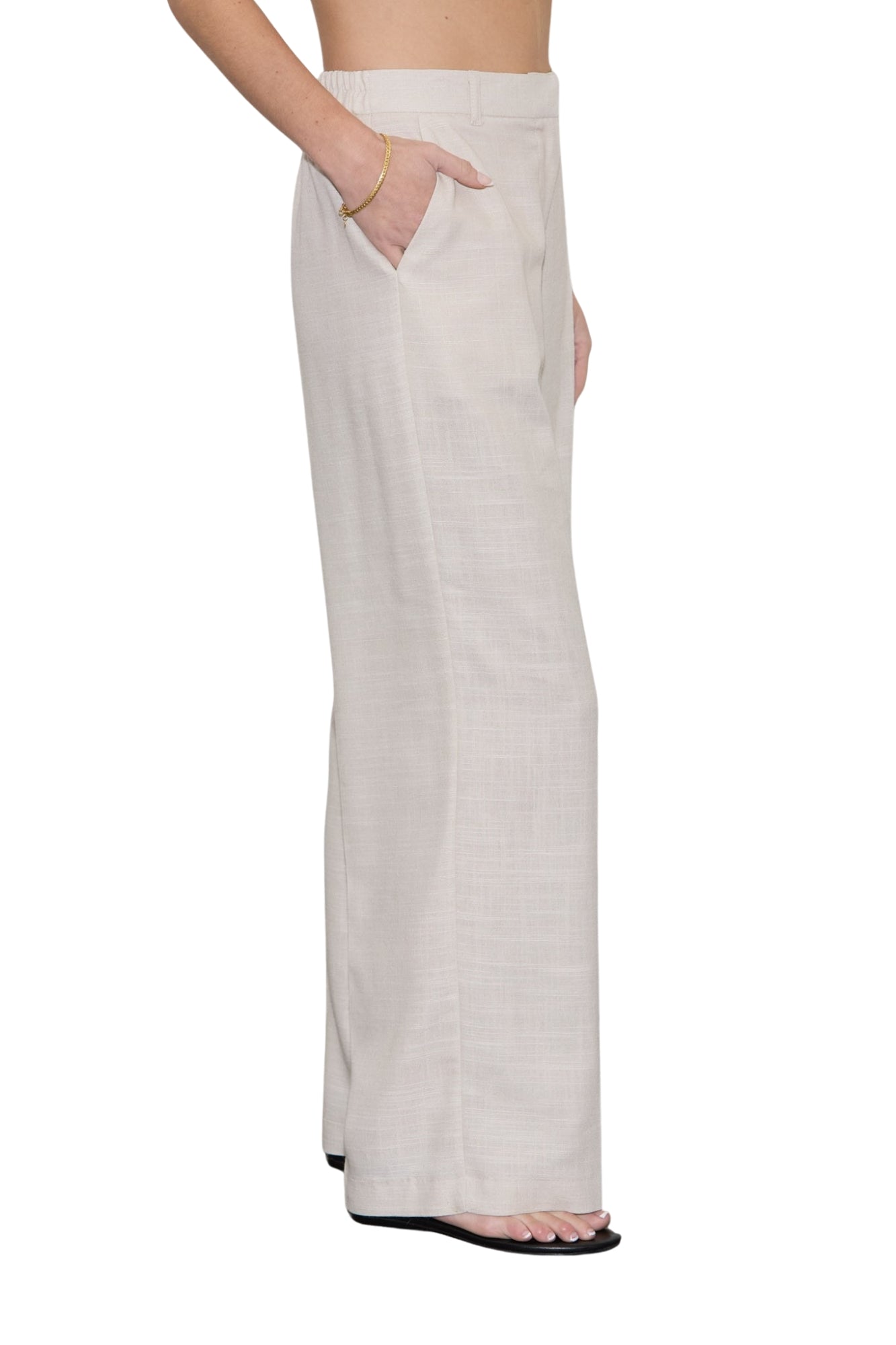 V-NECK VEST & STRAIGHT LEG PANTS LINEN SET - LIGHT KHAKI