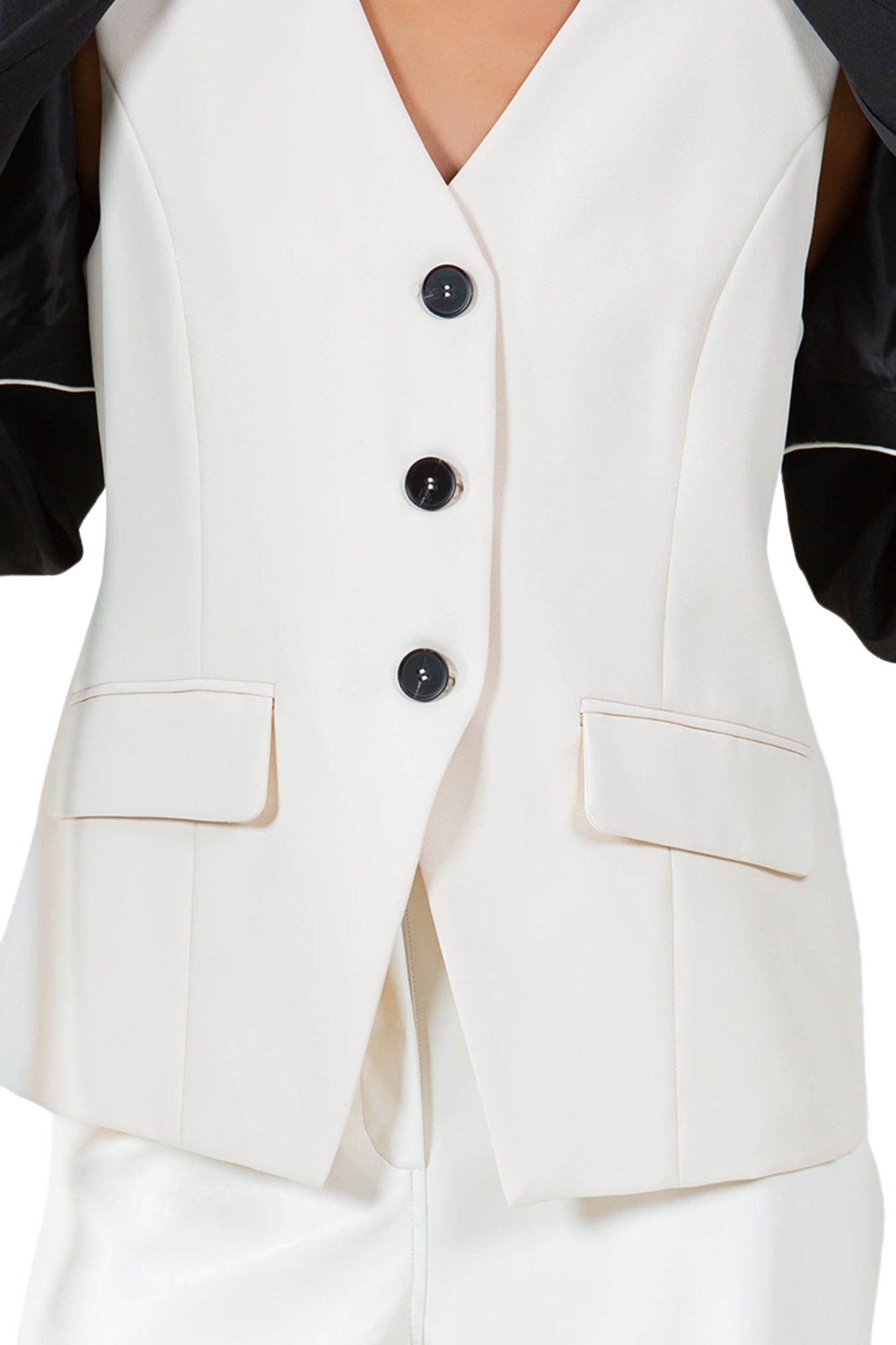COMBINED CONTRASTED VEST & BLAZER - BLACK / IVORY