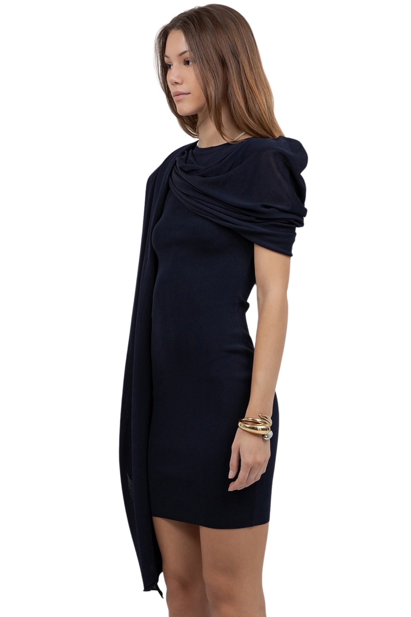 KNITTED SLEEVELESS DRESS WITH ASYMMETRICAL CAPE