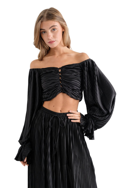 PLEATED BLOUSE WITH PANT SET - BLACK