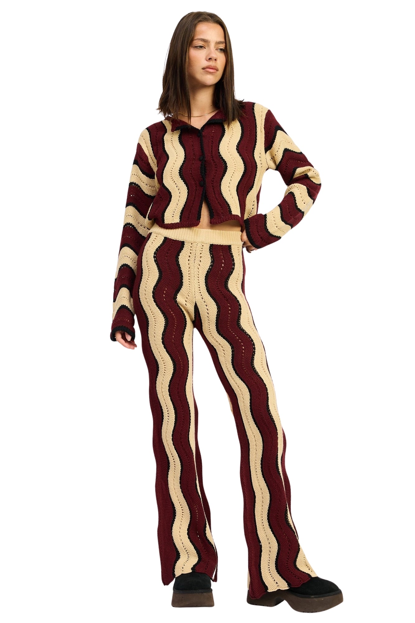 CONTRAST SWEATER CARDIGAN & PANTS SET