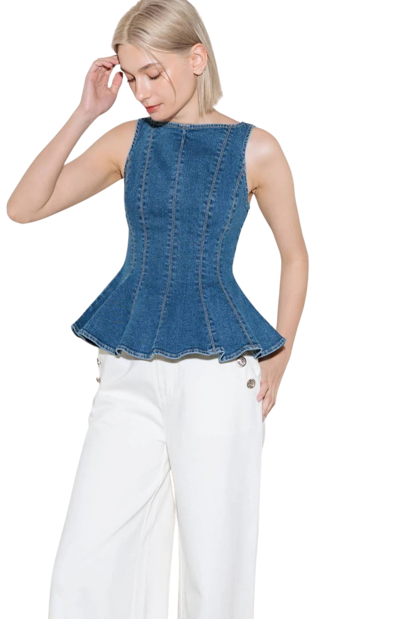 WASHED DENIM PEPLUM TOP