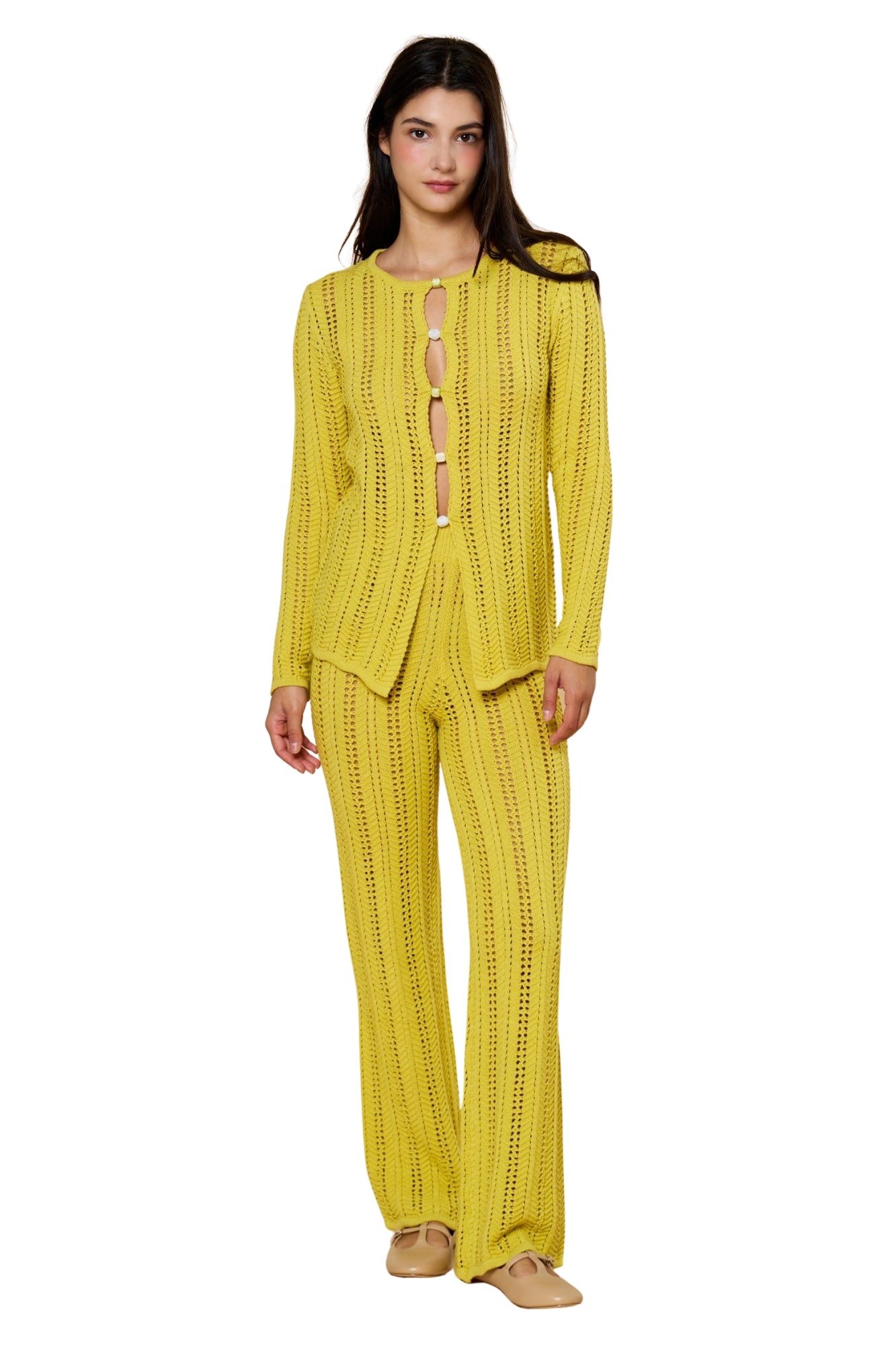 OPEN KNIT LONG SLEEVE TOP & PANTS SET