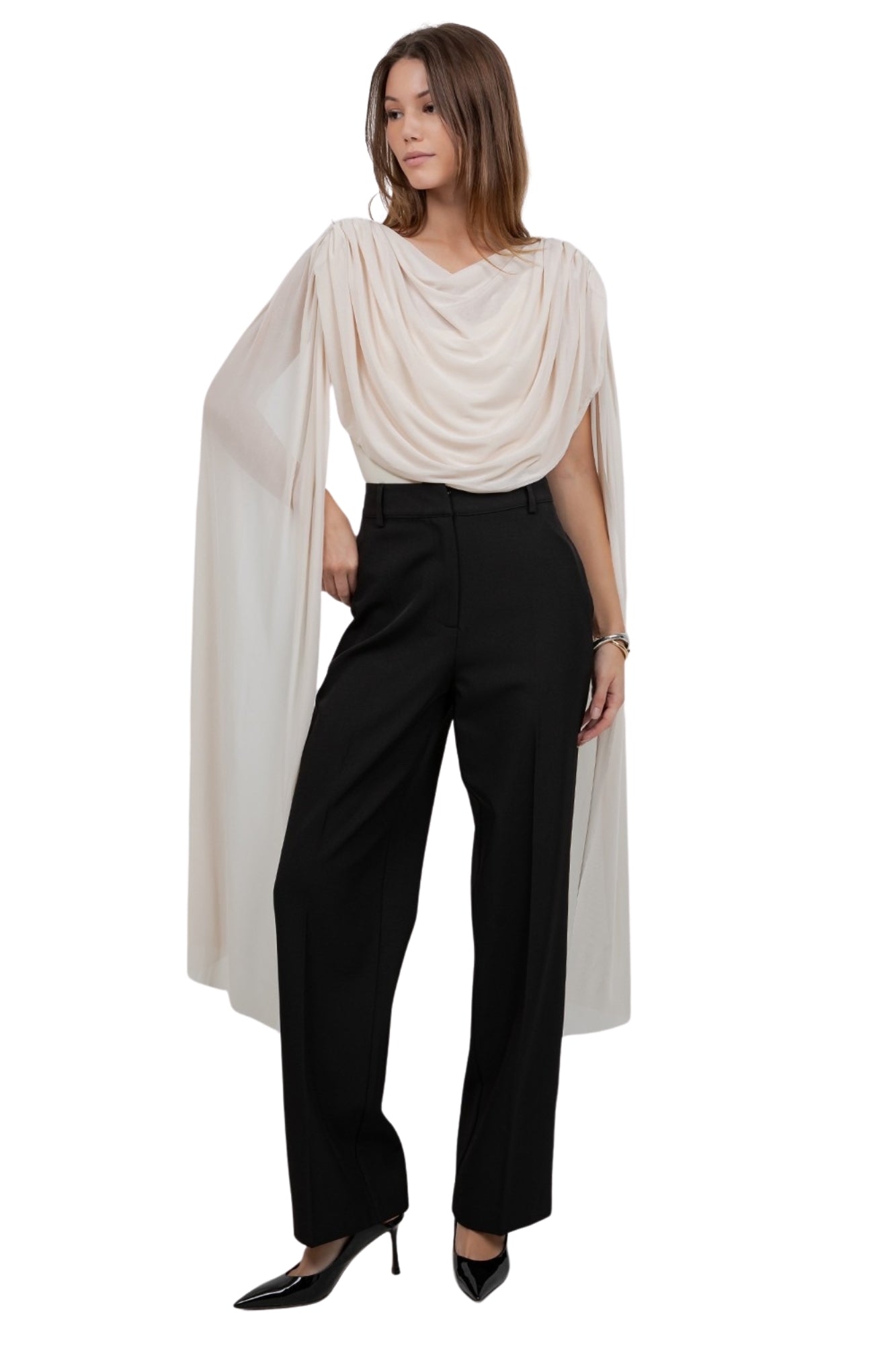 KNITTED BODYSUIT WITH CONTRAST MESH DRAPE CAPE