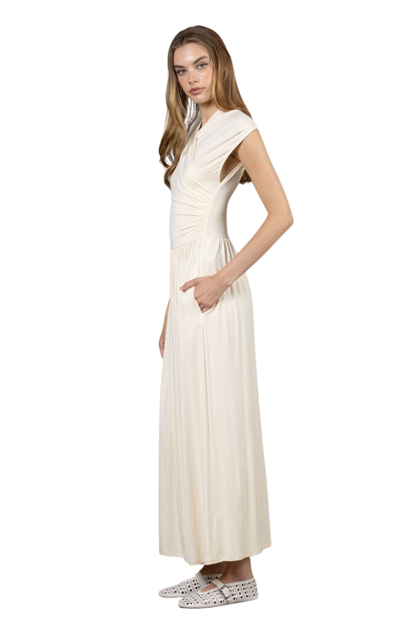 KNIT OVERLAP SHIRRED MAXI DRESS