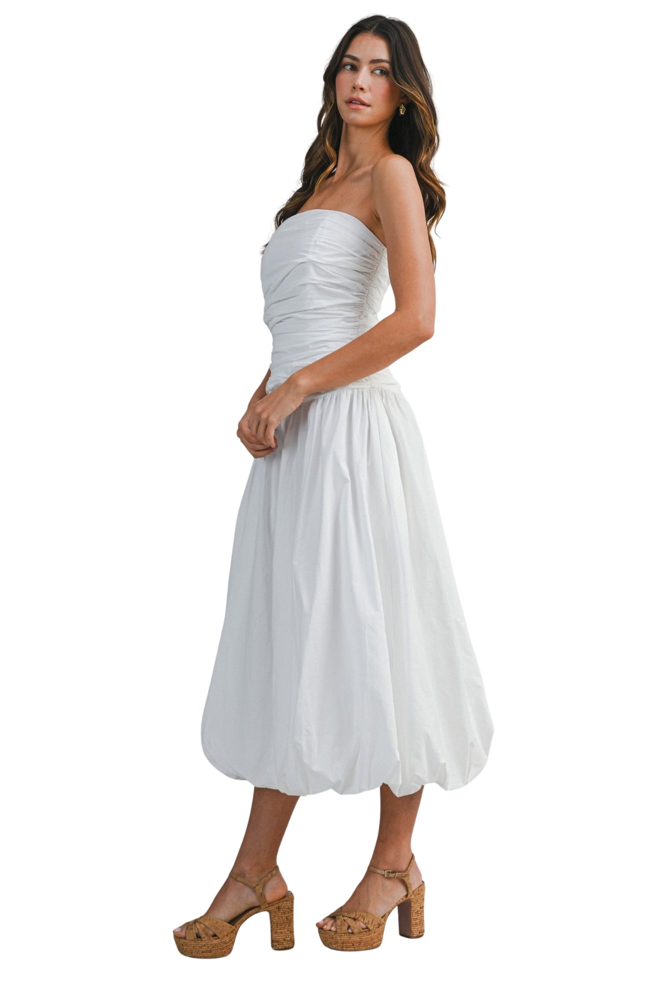 STRAPLESS RUCHED BODICE DROPPED WAIST BUBBLE HEM MIDI DRESS