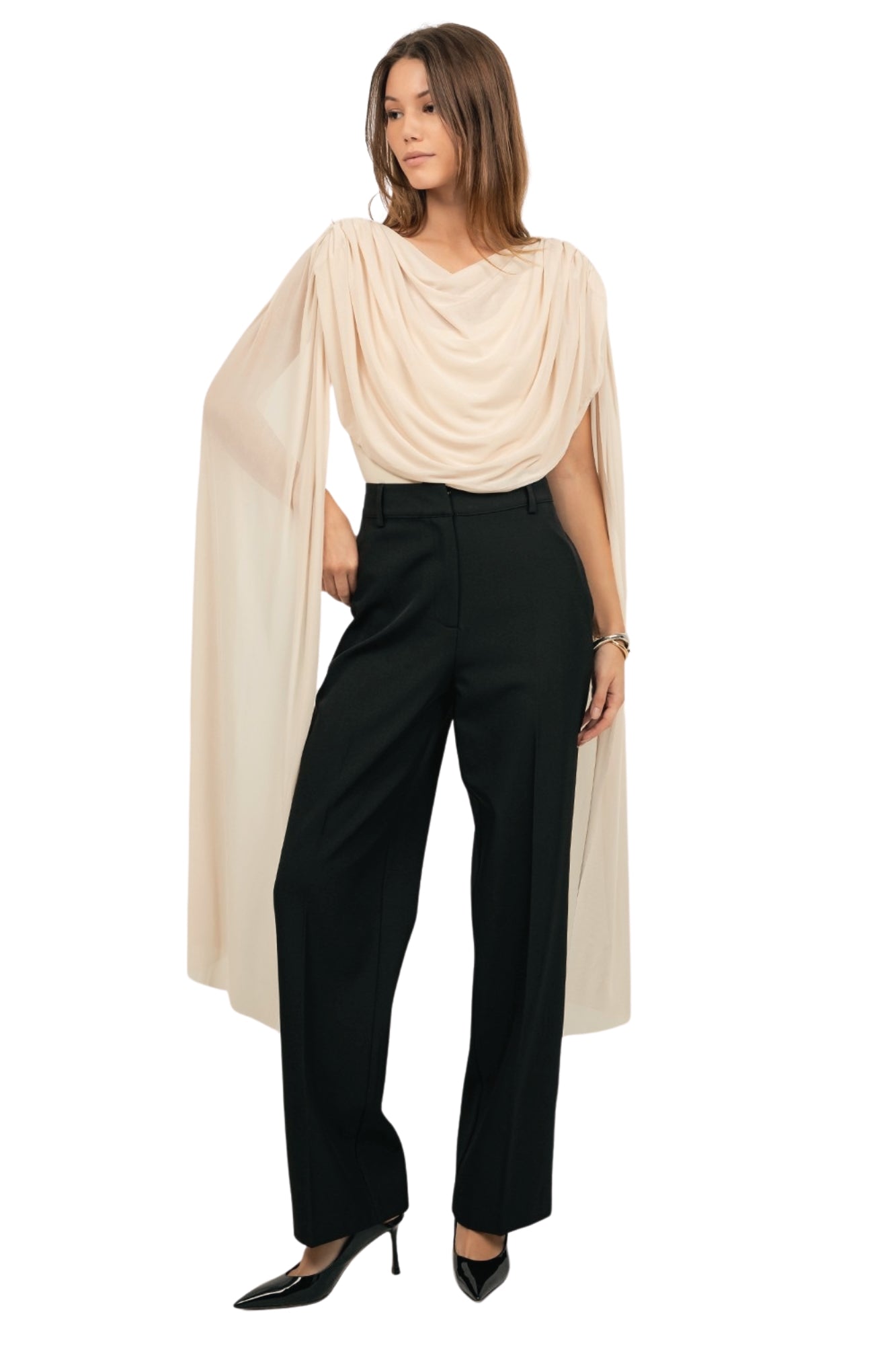 KNITTED BODYSUIT WITH CONTRAST MESH DRAPE CAPE