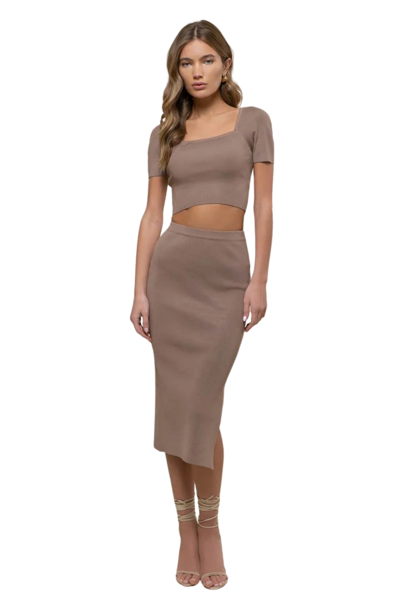 SQUARE NECK TOP & HIGH WAIST MIDI SKIRT SET - TAN