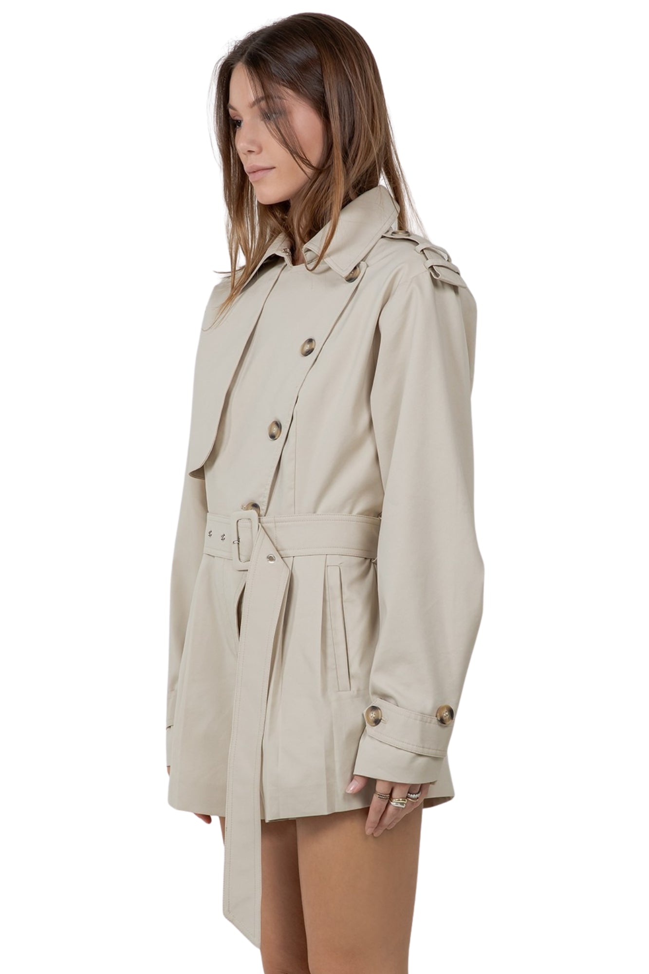 TRENCH STYLE STRUCTURED WOVEN ROMPER WITH BELT