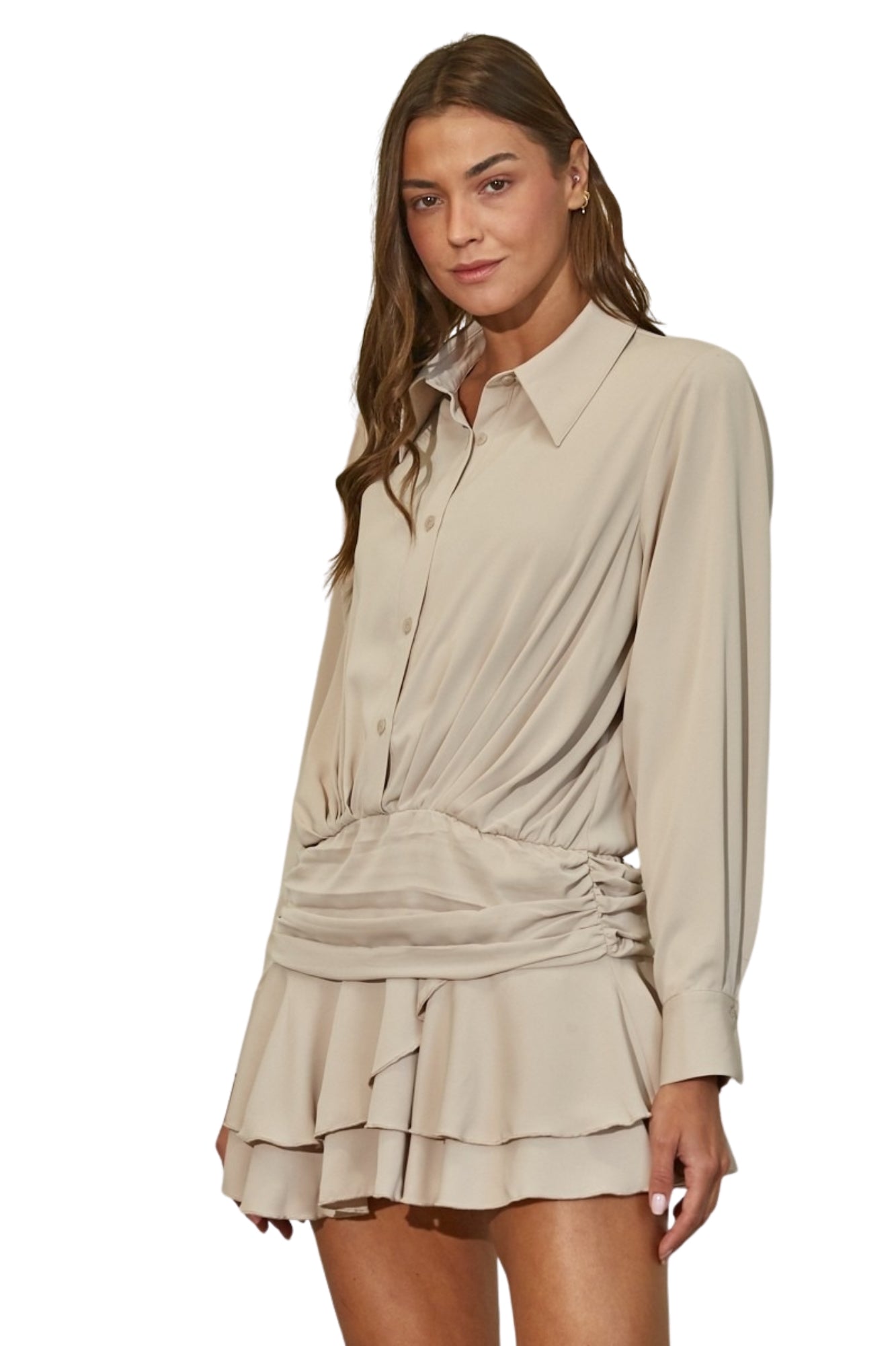 TIERED RUFFLE HEM FLOWY SHIRT DRESS