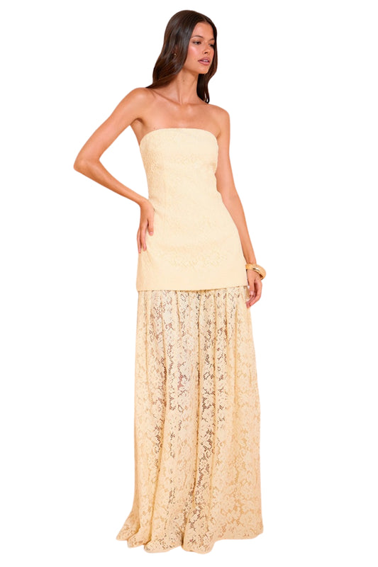 LACE SHEER STRAPLESS MAXI DRESS - YELLOW