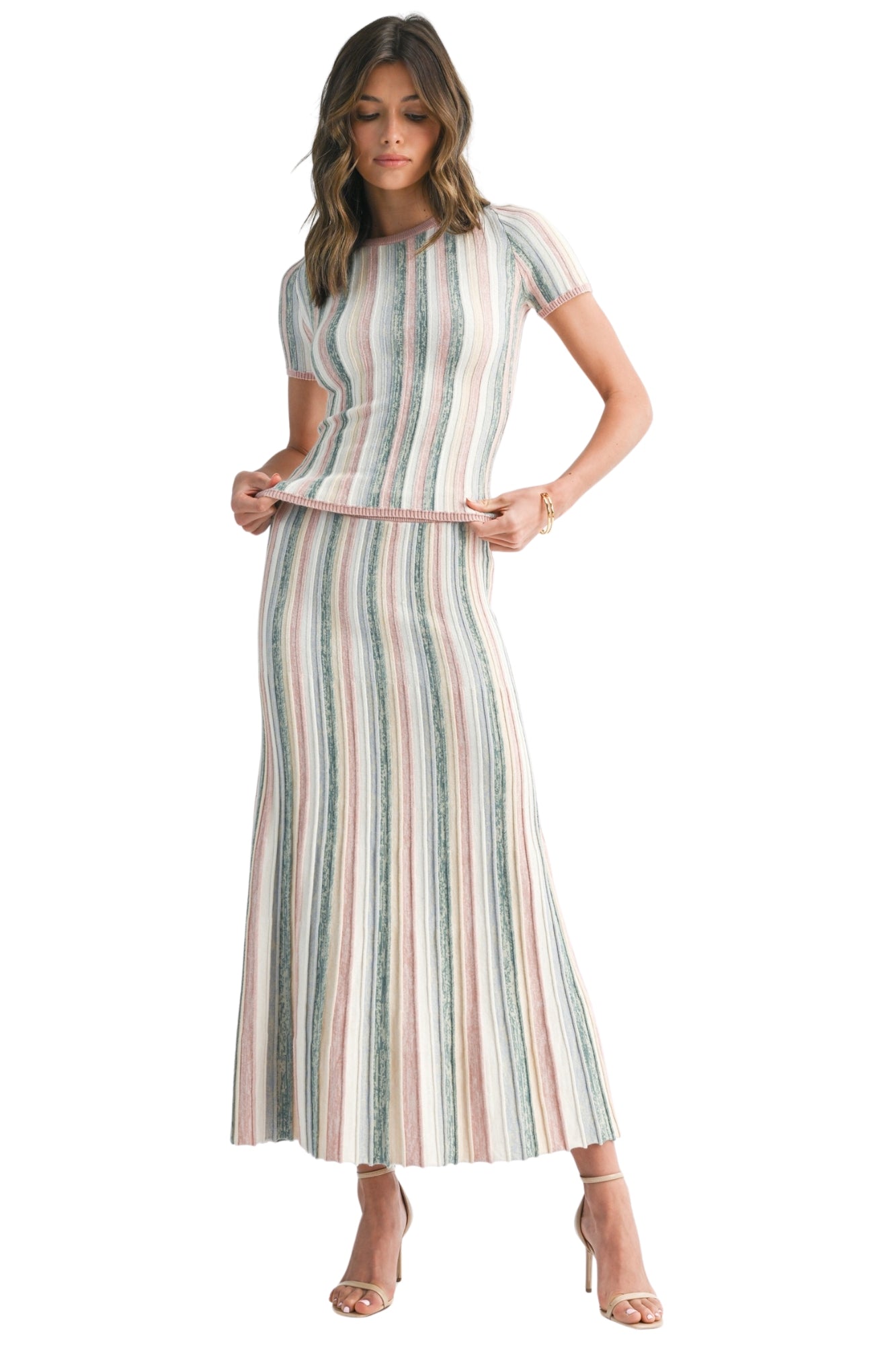 PASTEL STRIPE RIBBED KNIT TOP & MAXI SKIRT SET