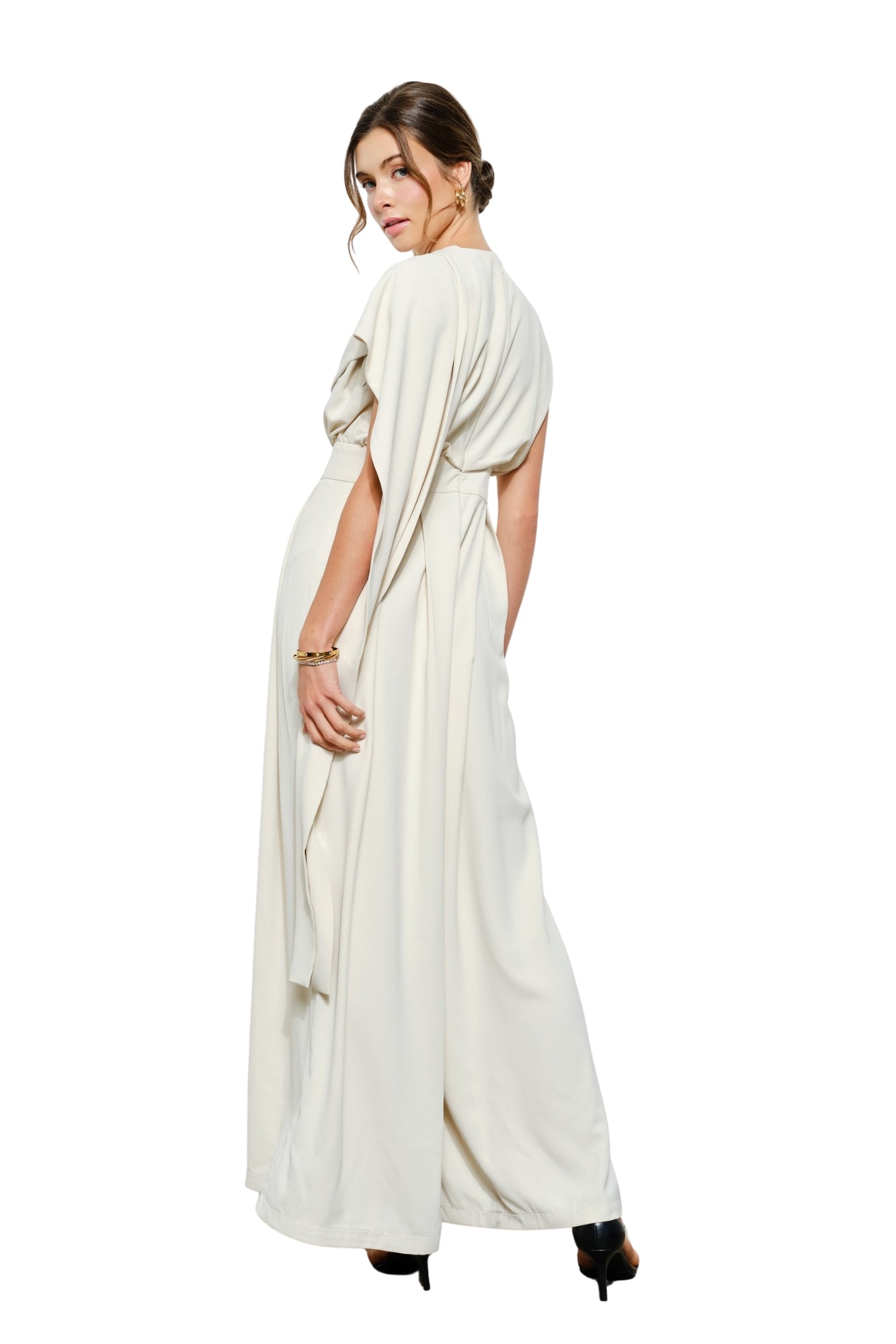 SLEVELESS DRAPED SCARF-NECK JUMPSUIT