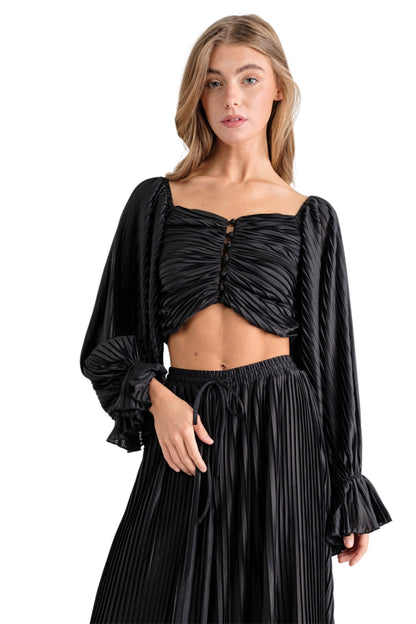 PLEATED BLOUSE WITH PANT SET - BLACK