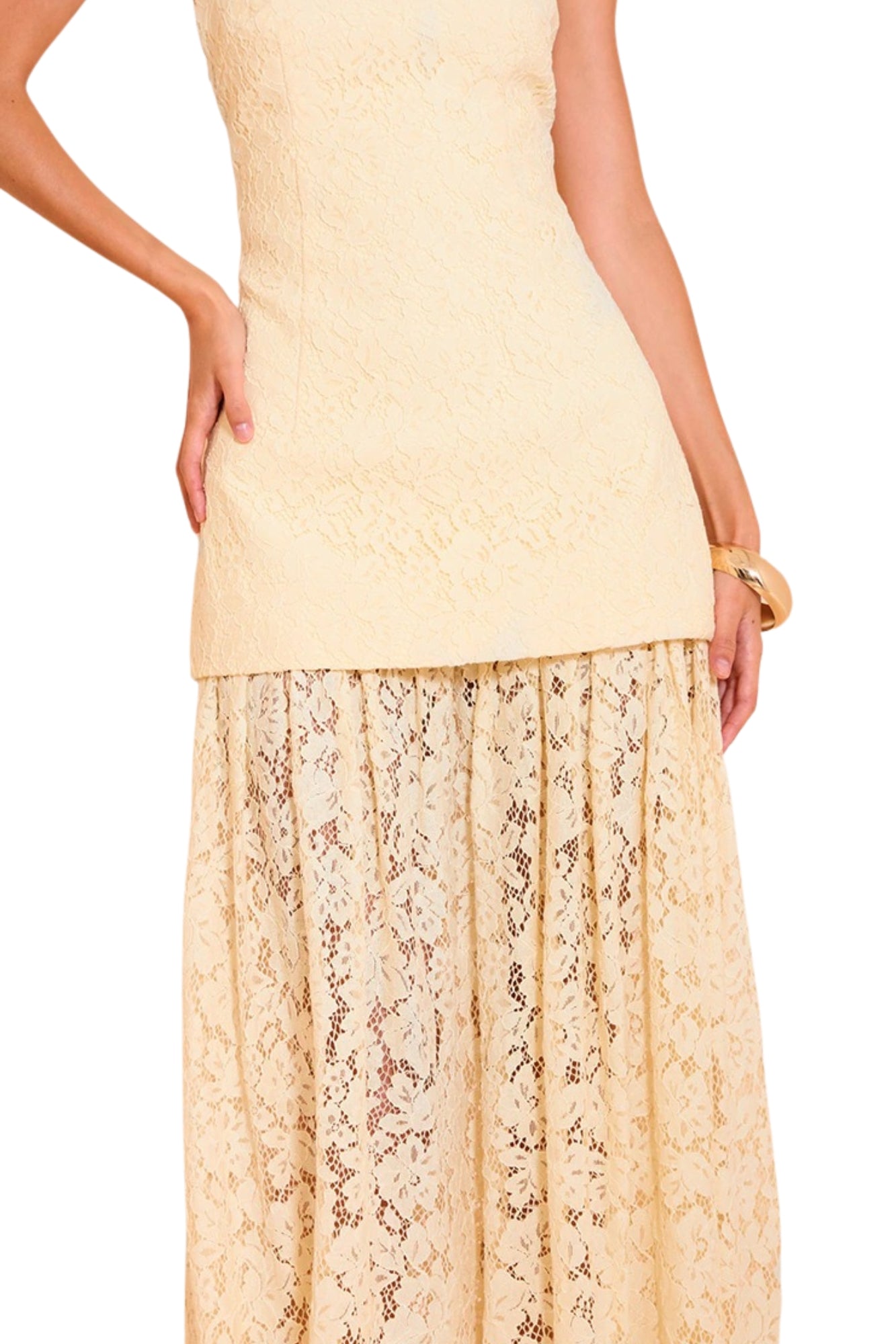 LACE SHEER STRAPLESS MAXI DRESS - YELLOW