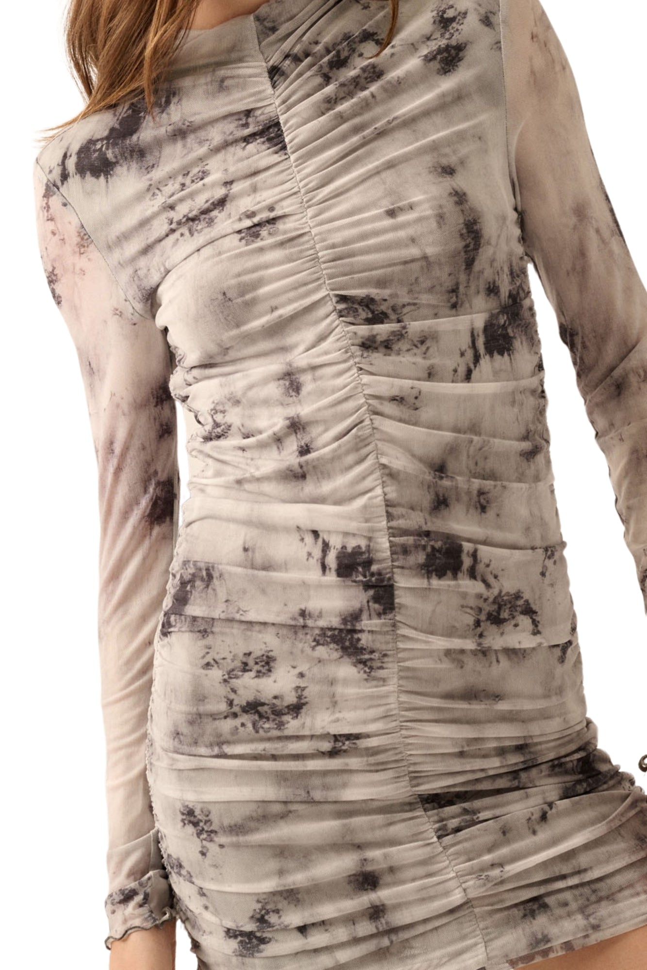 ABSTRACT-PRINT RUCHED MINI DRESS