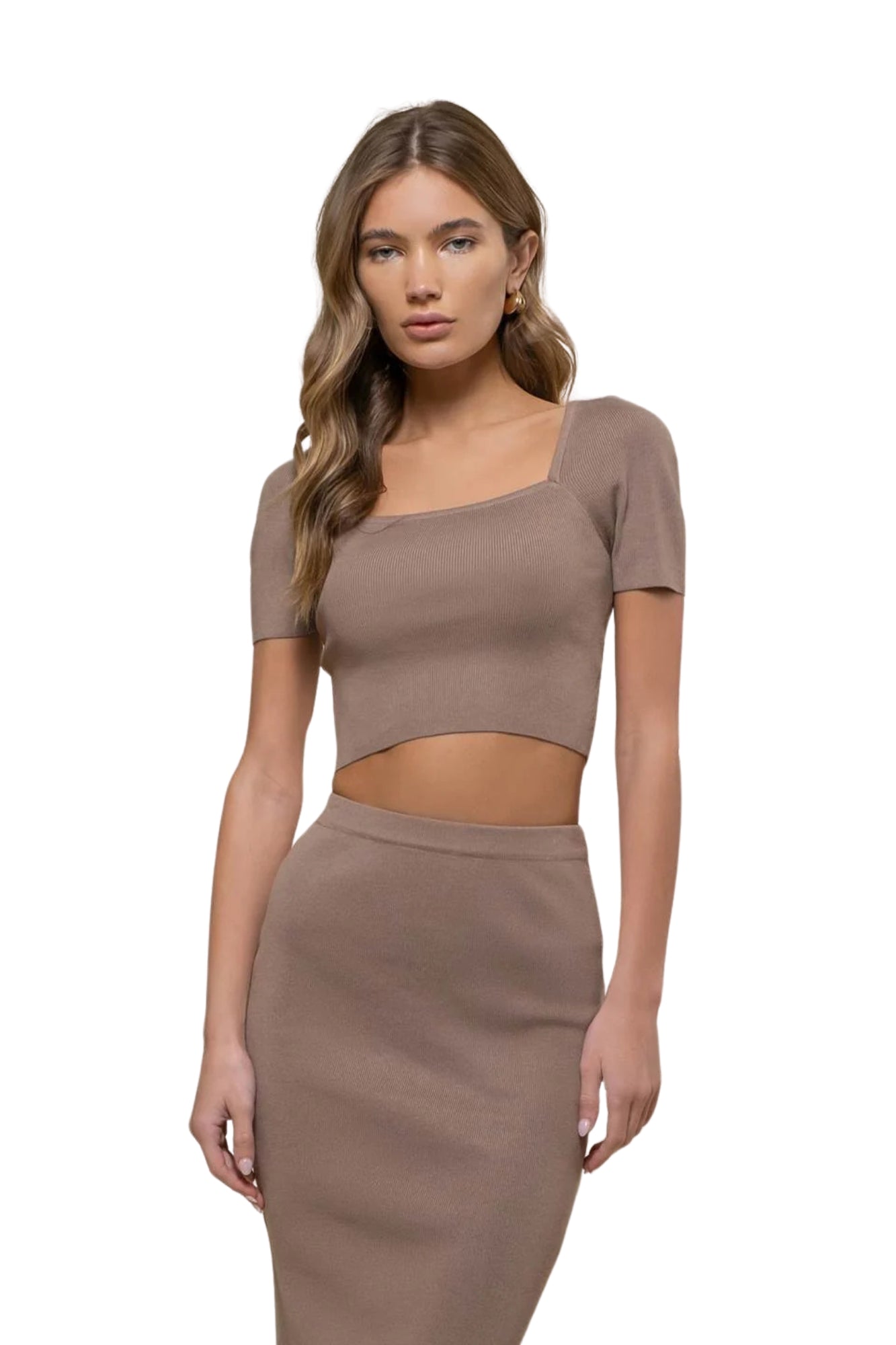 SQUARE NECK TOP & HIGH WAIST MIDI SKIRT SET - TAN